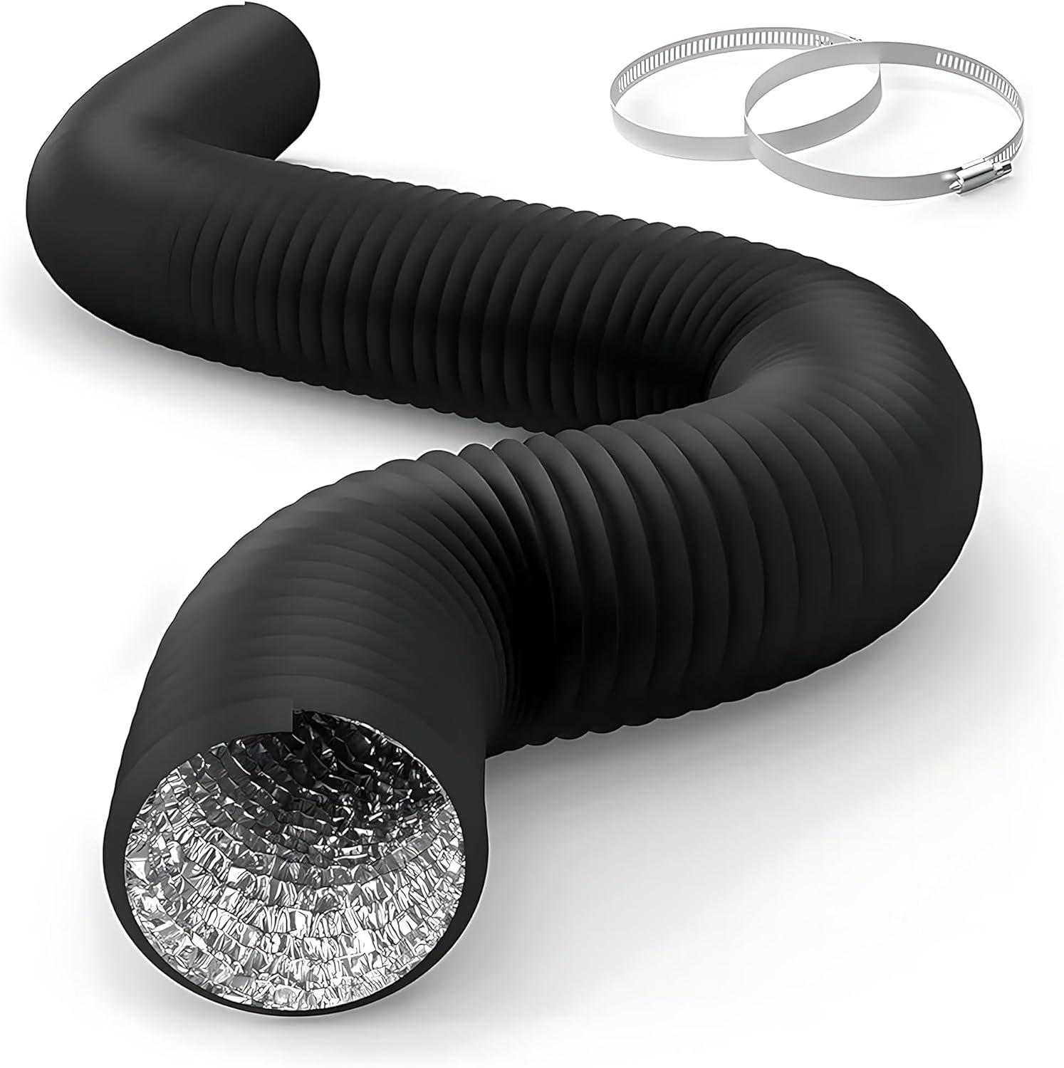 imageHealSmart 12 Inch 25 FT Flexible Aluminum Duct Equipped with 2 Clamps and 3 Layers of Protective Drying Tube for Heating Cooling Ventilation and Exhaust Fan SilverBlack