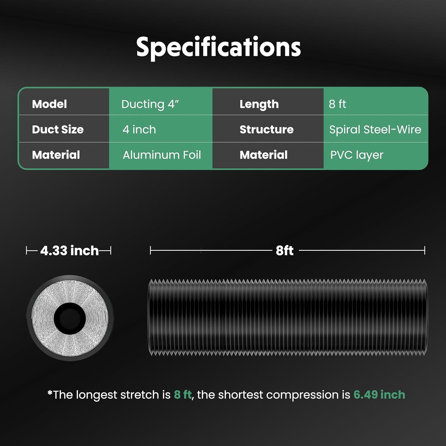 imageHealSmart 12 Inch 25 FT Flexible Aluminum Duct Equipped with 2 Clamps and 3 Layers of Protective Drying Tube for Heating Cooling Ventilation and Exhaust Fan SilverBlack