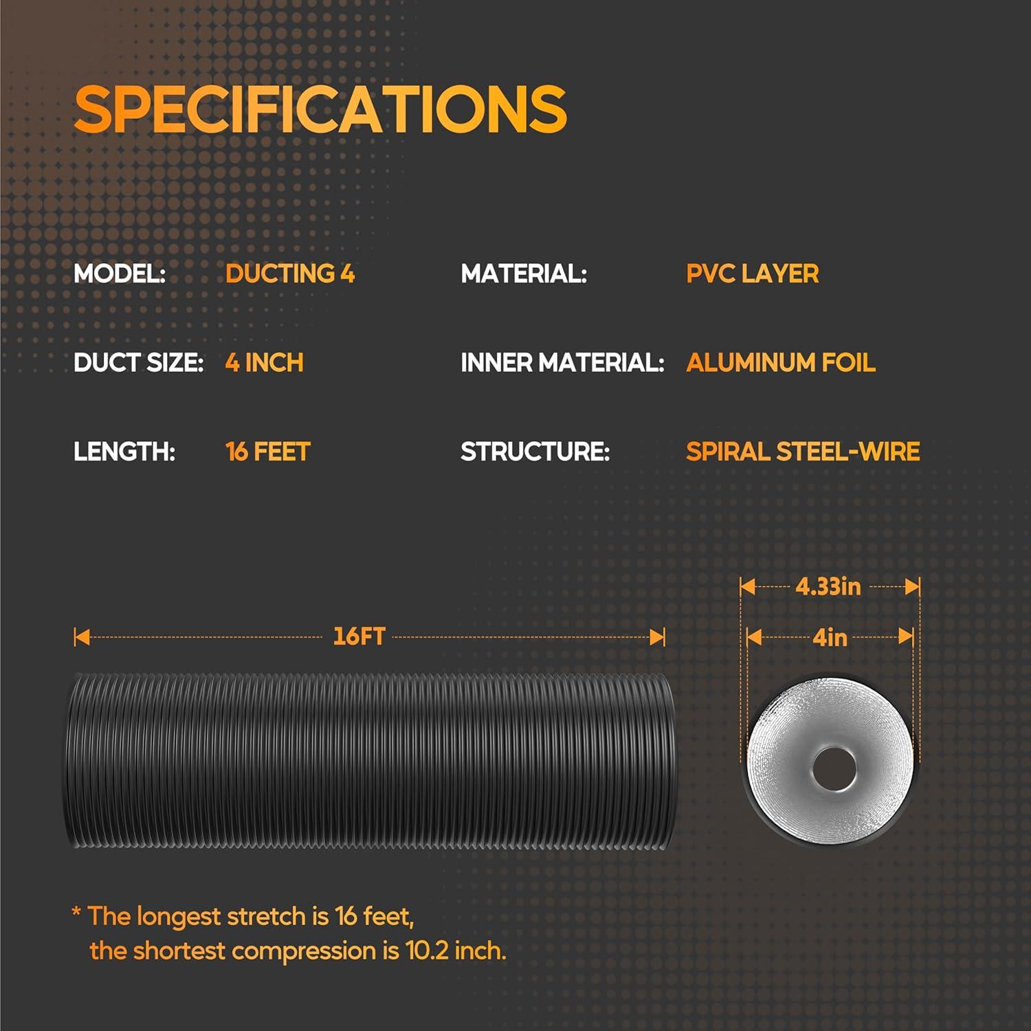 imageHealSmart 12 Inch 25 FT Flexible Aluminum Duct Equipped with 2 Clamps and 3 Layers of Protective Drying Tube for Heating Cooling Ventilation and Exhaust Fan SilverBlack