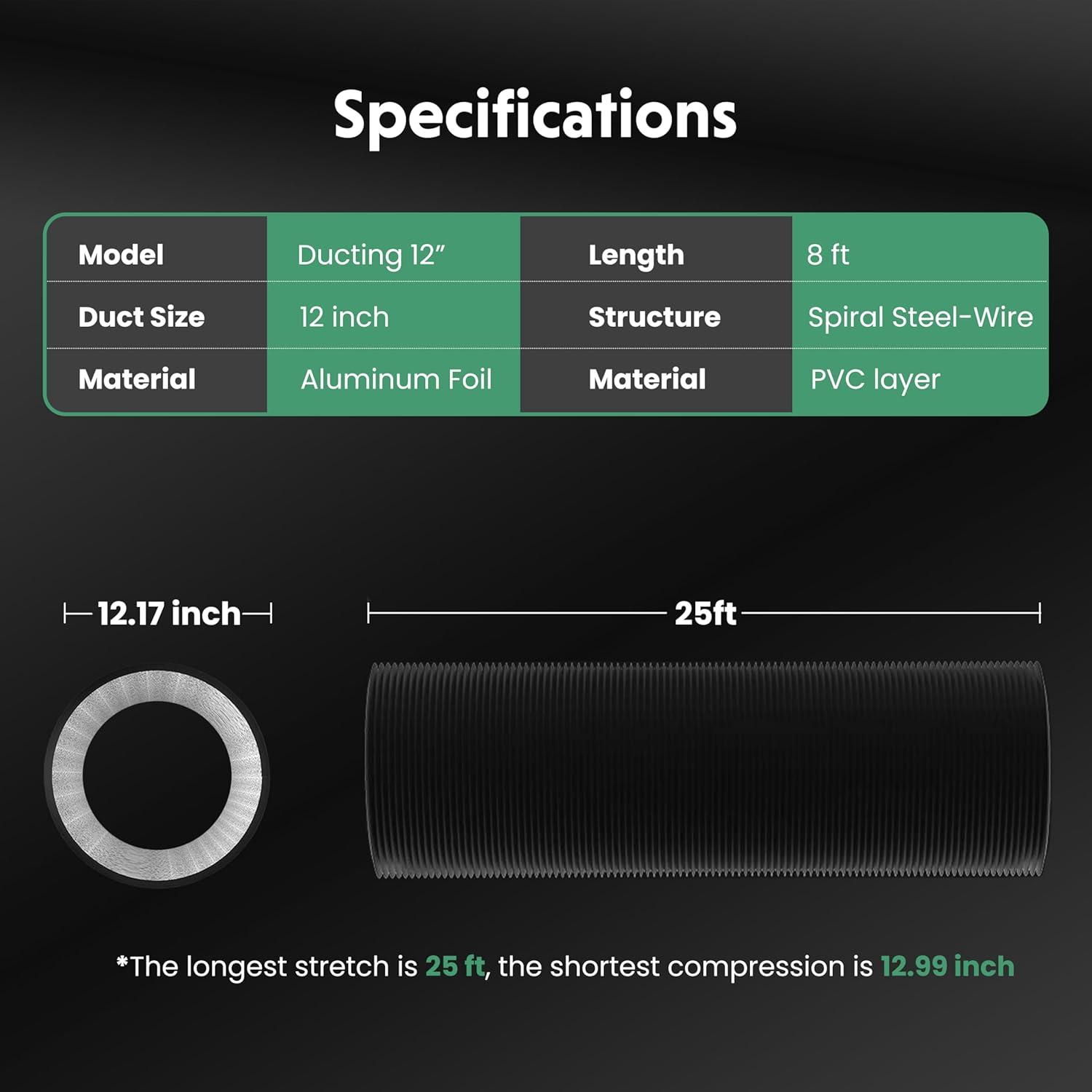 imageHealSmart 12 Inch 25 FT Flexible Aluminum Duct Equipped with 2 Clamps and 3 Layers of Protective Drying Tube for Heating Cooling Ventilation and Exhaust Fan SilverBlack