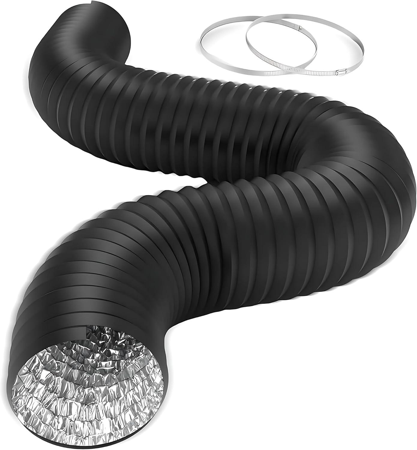 imageHealSmart 12 Inch 25 FT Flexible Aluminum Duct Equipped with 2 Clamps and 3 Layers of Protective Drying Tube for Heating Cooling Ventilation and Exhaust Fan SilverBlack