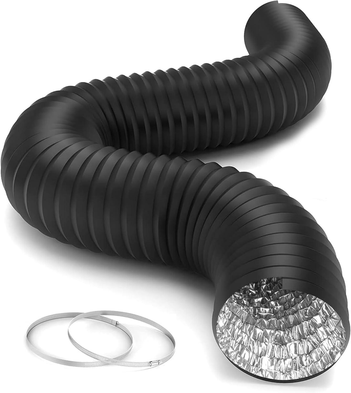 imageHealSmart 12 Inch 25 FT Flexible Aluminum Duct Equipped with 2 Clamps and 3 Layers of Protective Drying Tube for Heating Cooling Ventilation and Exhaust Fan SilverBlack