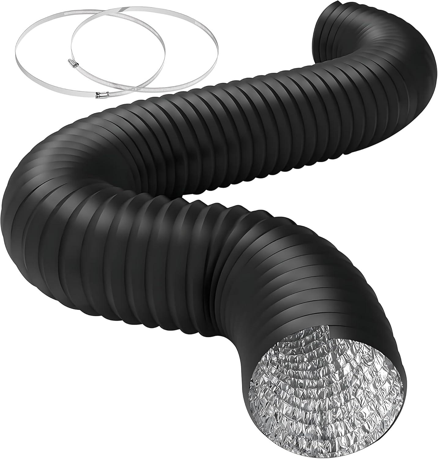 imageHealSmart 12 Inch 25 FT Flexible Aluminum Duct Equipped with 2 Clamps and 3 Layers of Protective Drying Tube for Heating Cooling Ventilation and Exhaust Fan SilverBlack