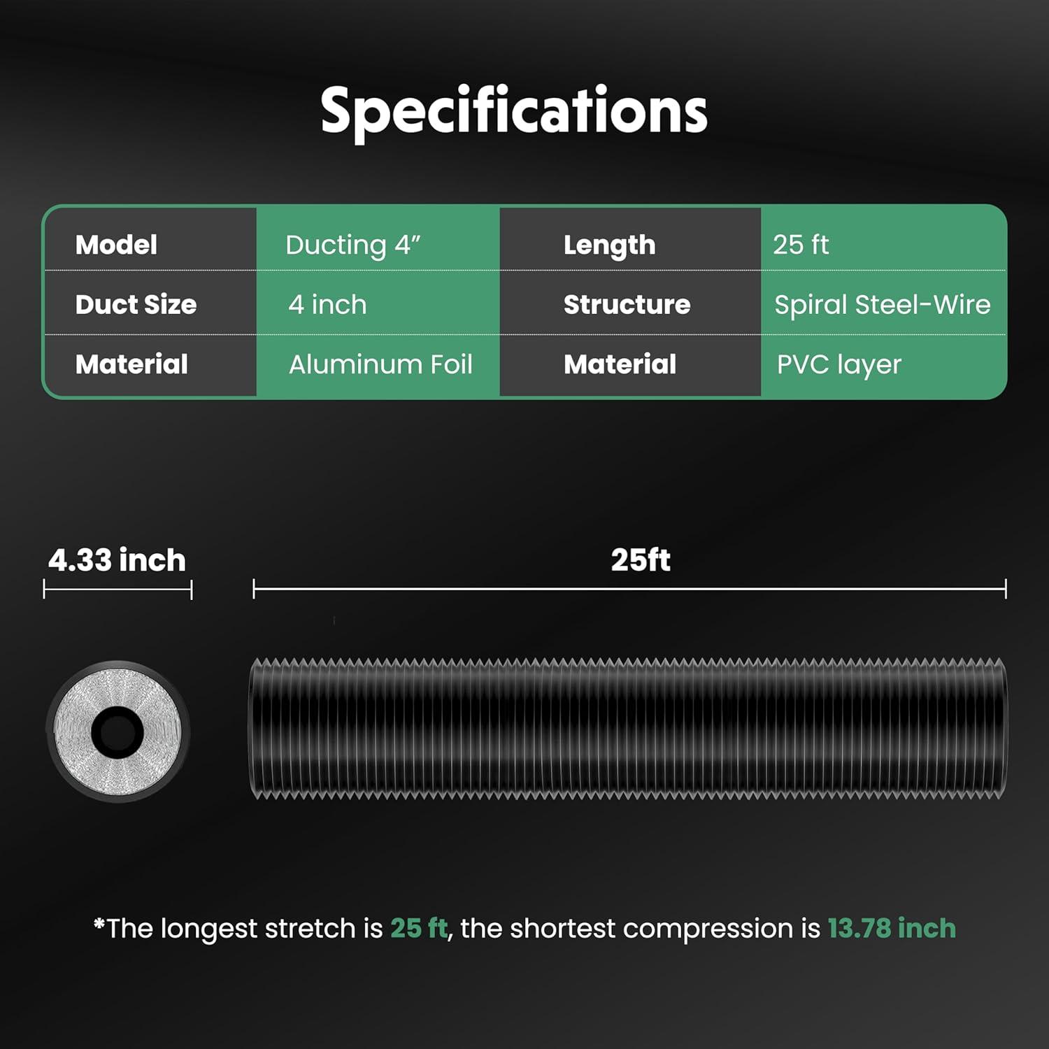 imageHealSmart 12 Inch 25 FT Flexible Aluminum Duct Equipped with 2 Clamps and 3 Layers of Protective Drying Tube for Heating Cooling Ventilation and Exhaust Fan SilverBlack