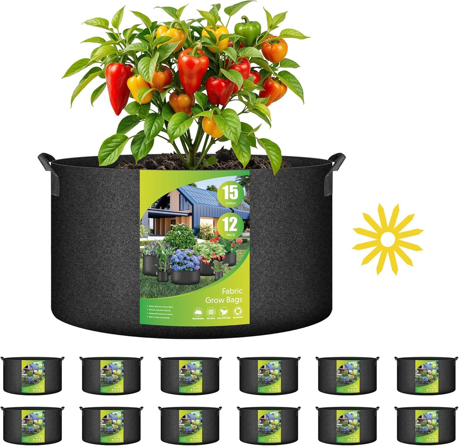 imageHealSmart 12Pack 3 Gallon Nonwoven Grow Bags Aeration Fabric Pots with Handles Suitable for Garden Fruits Vegetables and Flowers BlackBlack  12 Pack