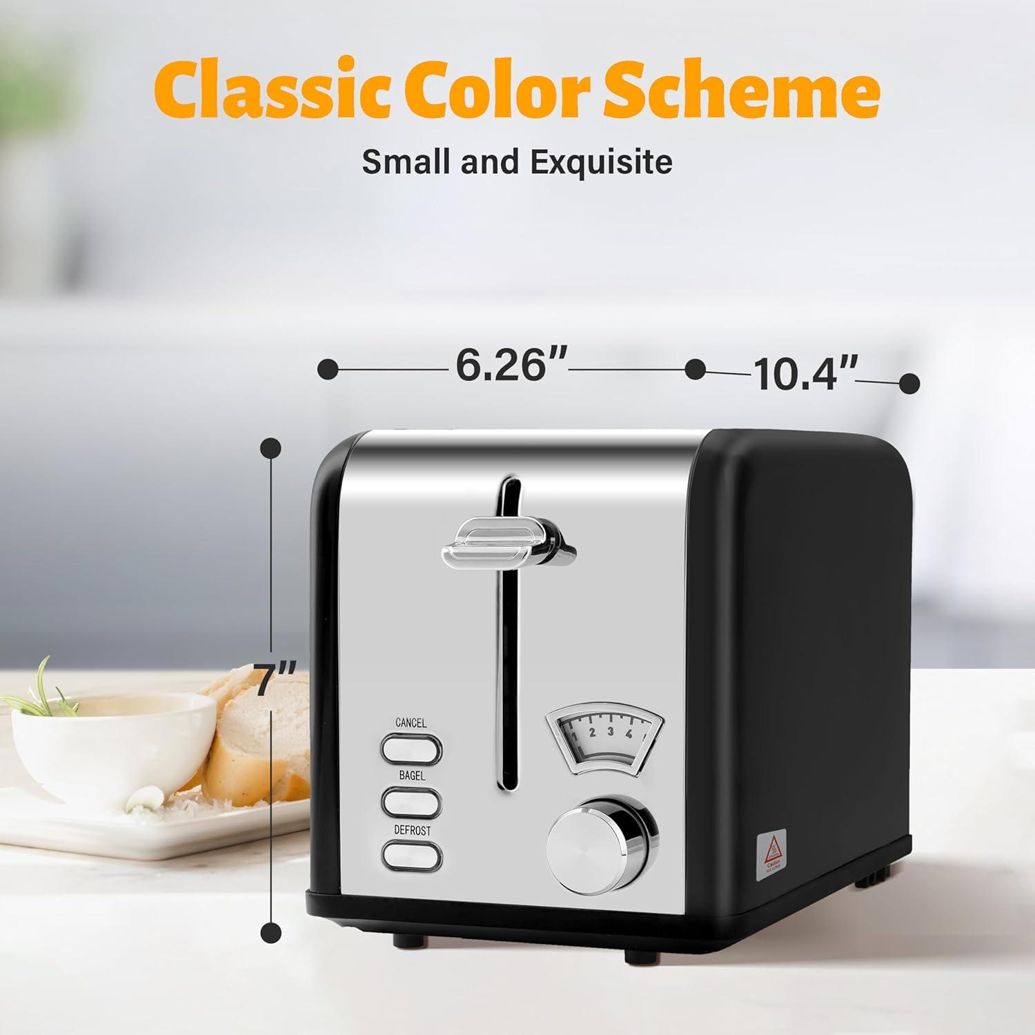 imageHealSmart 2 Slice Stainless Steel Toaster with Extra Wide Slot ampamp Removable Crumb Tray 5 Shade Options and BagelDefrostCancel Functions Retro Compact Oven for Various Bread ampamp Waffle Black