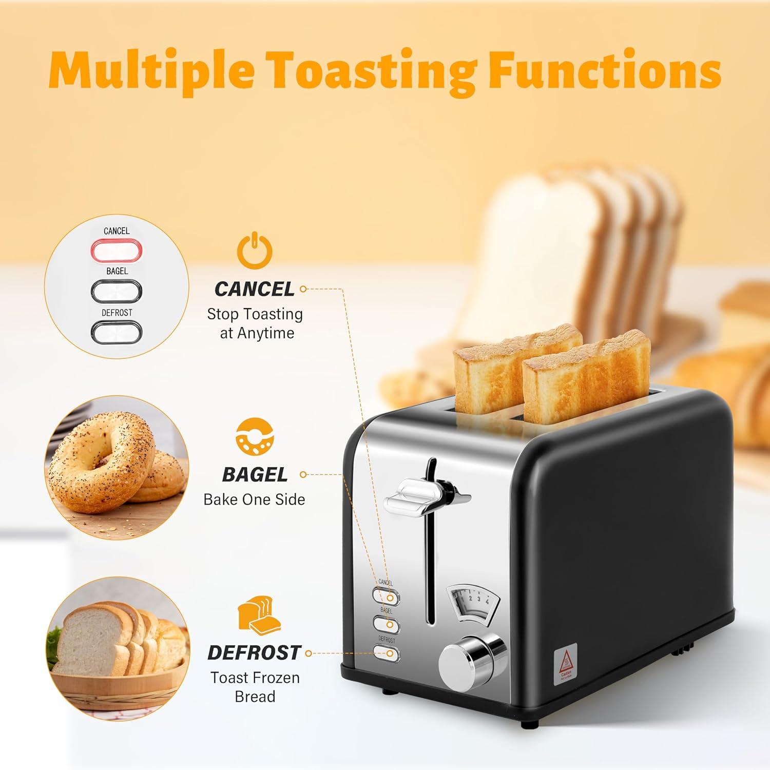 imageHealSmart 2 Slice Stainless Steel Toaster with Extra Wide Slot ampamp Removable Crumb Tray 5 Shade Options and BagelDefrostCancel Functions Retro Compact Oven for Various Bread ampamp Waffle Black
