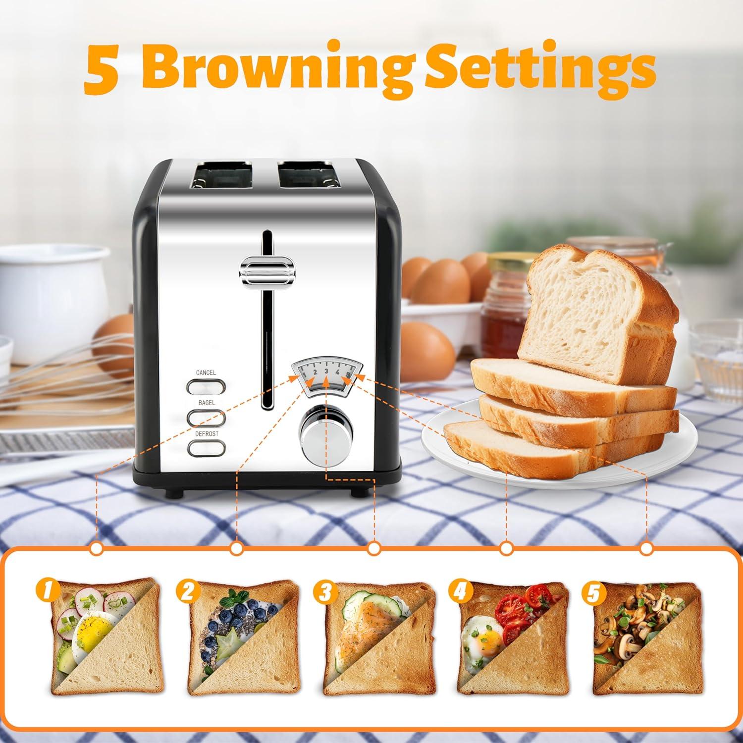 imageHealSmart 2 Slice Stainless Steel Toaster with Extra Wide Slot ampamp Removable Crumb Tray 5 Shade Options and BagelDefrostCancel Functions Retro Compact Oven for Various Bread ampamp Waffle Black