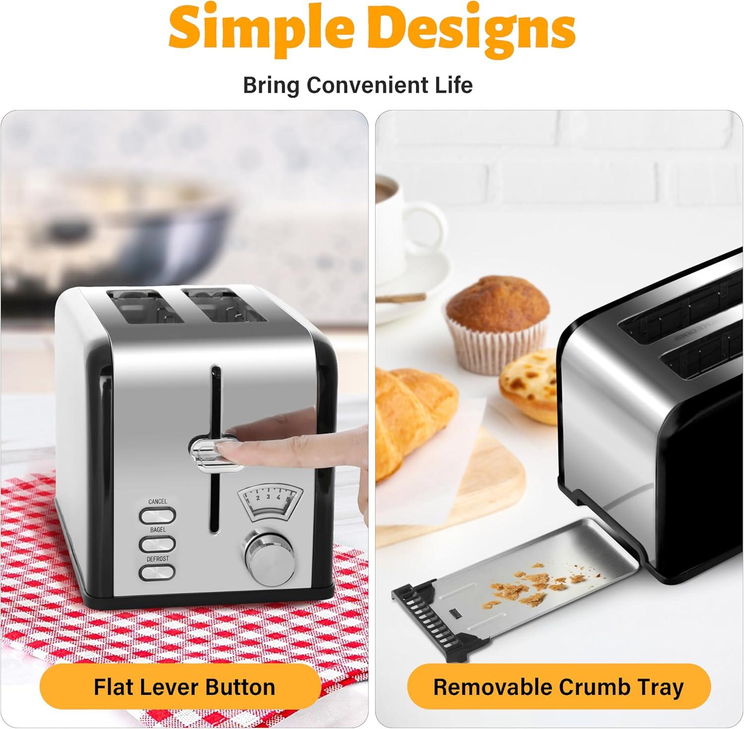 imageHealSmart 2 Slice Stainless Steel Toaster with Extra Wide Slot ampamp Removable Crumb Tray 5 Shade Options and BagelDefrostCancel Functions Retro Compact Oven for Various Bread ampamp Waffle Black
