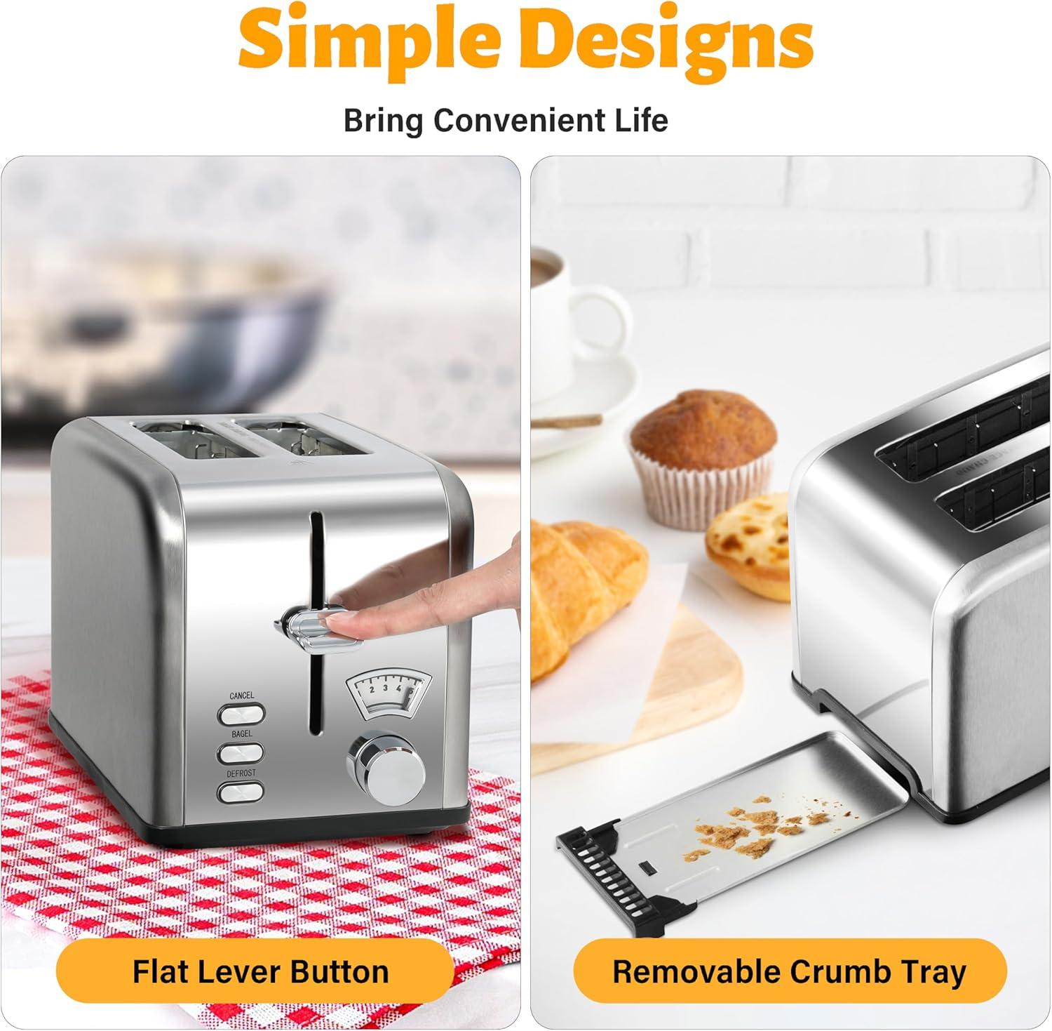imageHealSmart 2 Slice Stainless Steel Toaster with Extra Wide Slot ampamp Removable Crumb Tray 5 Shade Setting and BagelDefrostCancel Function Retro Compact Oven for Various Bread ampamp Waffle SilverSilver