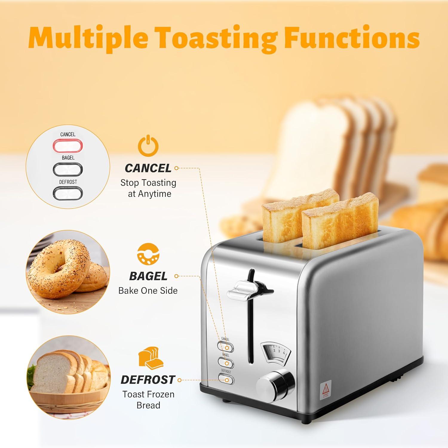 imageHealSmart 2 Slice Stainless Steel Toaster with Extra Wide Slot ampamp Removable Crumb Tray 5 Shade Setting and BagelDefrostCancel Function Retro Compact Oven for Various Bread ampamp Waffle SilverSilver