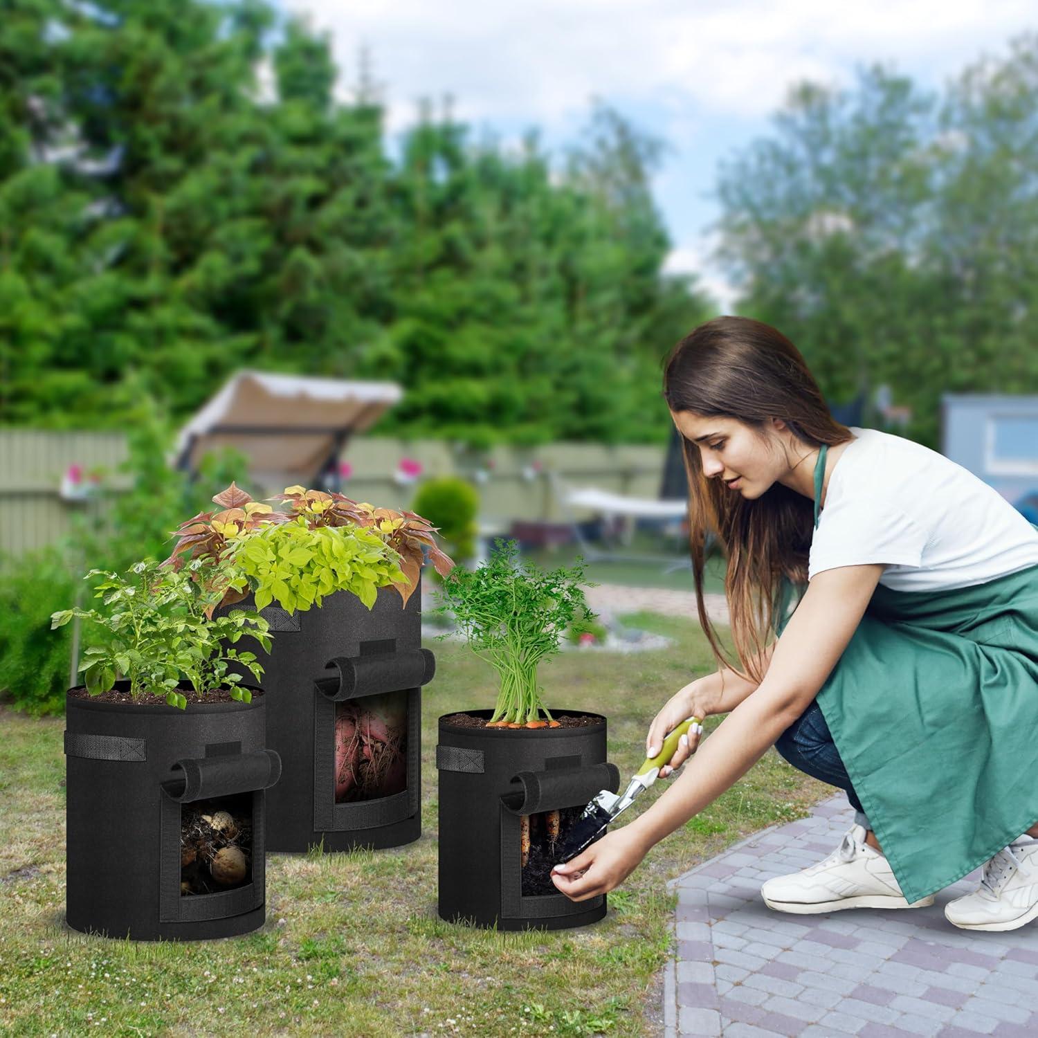 imageHealSmart 5Pack 5Gallon Potato Grow Bags Planter Pots with Handle Access Flap and Visual Window Easy to Harvest Thickened NonWoven Aeration Fabric Container for Tomato Carrot FruitsBlack