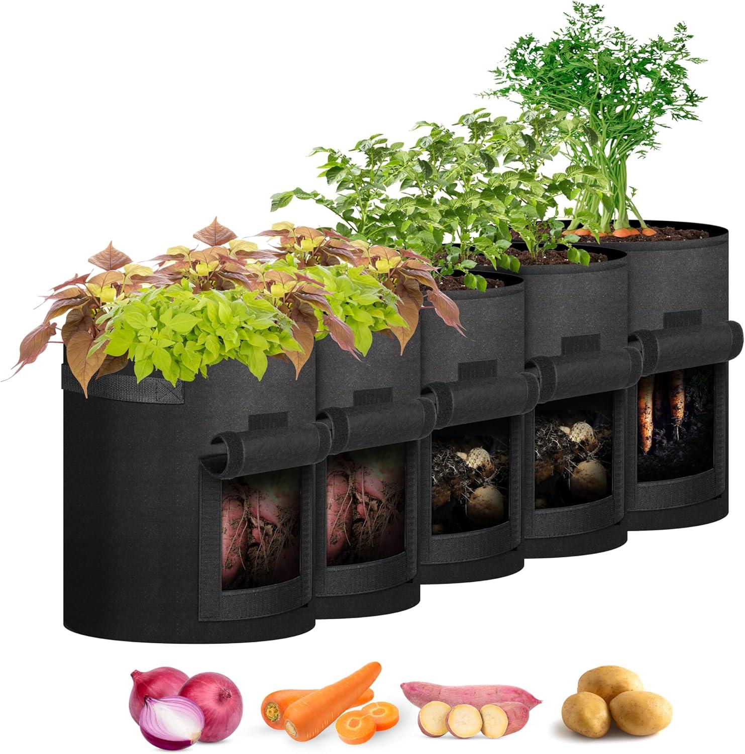 imageHealSmart 5Pack 5Gallon Potato Grow Bags Planter Pots with Handle Access Flap and Visual Window Easy to Harvest Thickened NonWoven Aeration Fabric Container for Tomato Carrot FruitsBlack