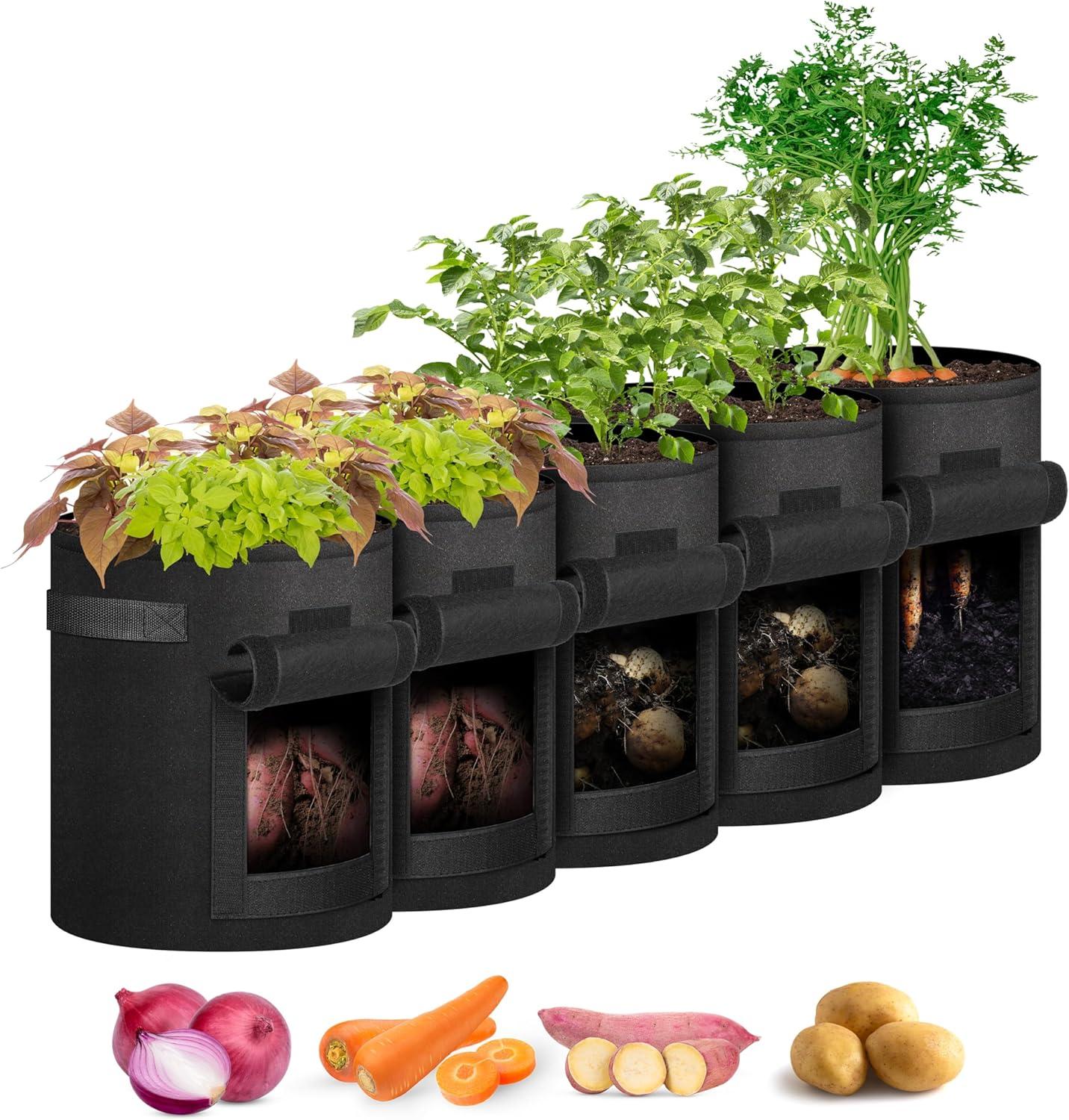 imageHealSmart 5Pack 5Gallon Potato Grow Bags Planter Pots with Handle Access Flap and Visual Window Easy to Harvest Thickened NonWoven Aeration Fabric Container for Tomato Carrot FruitsBlack