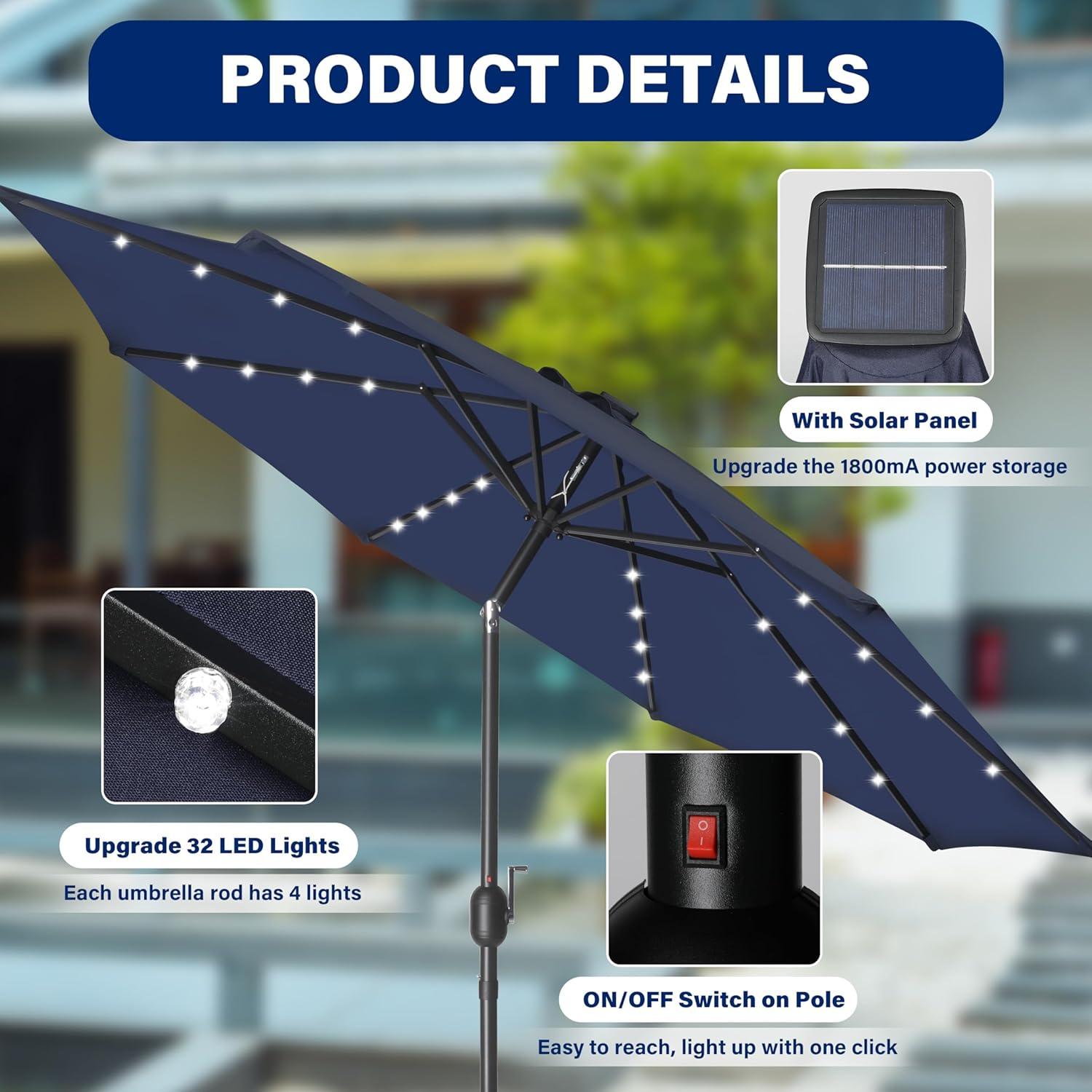 imageHealSmart 75ft Patio Umbrella with Push Button TiltCrank Outdoor Table Market Yard Umbrella 6 Sturdy Ribs for Garden Deck Backyard Pool9ftLEDDark Blue New