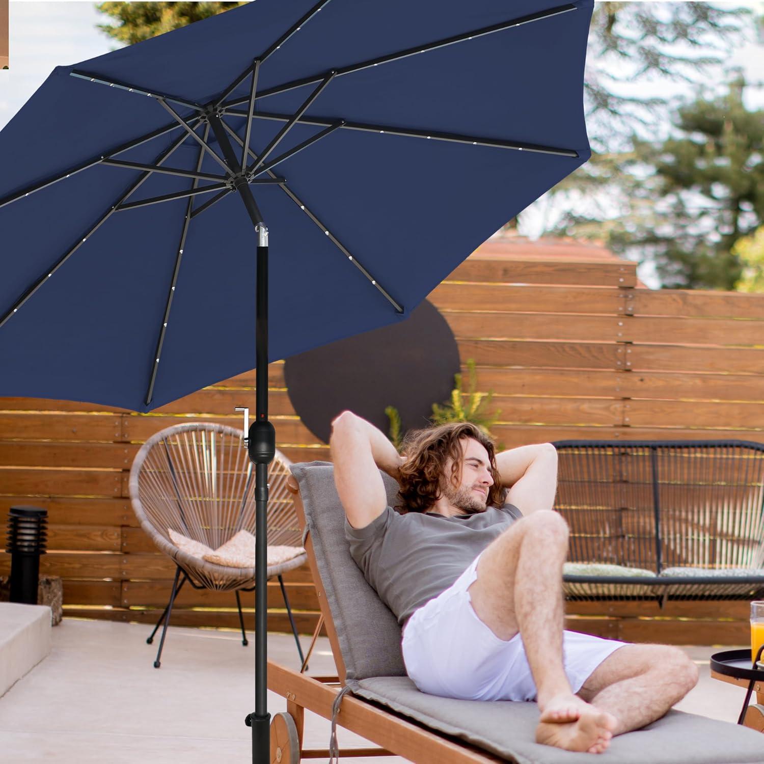 imageHealSmart 75ft Patio Umbrella with Push Button TiltCrank Outdoor Table Market Yard Umbrella 6 Sturdy Ribs for Garden Deck Backyard Pool9ftLEDDark Blue2P