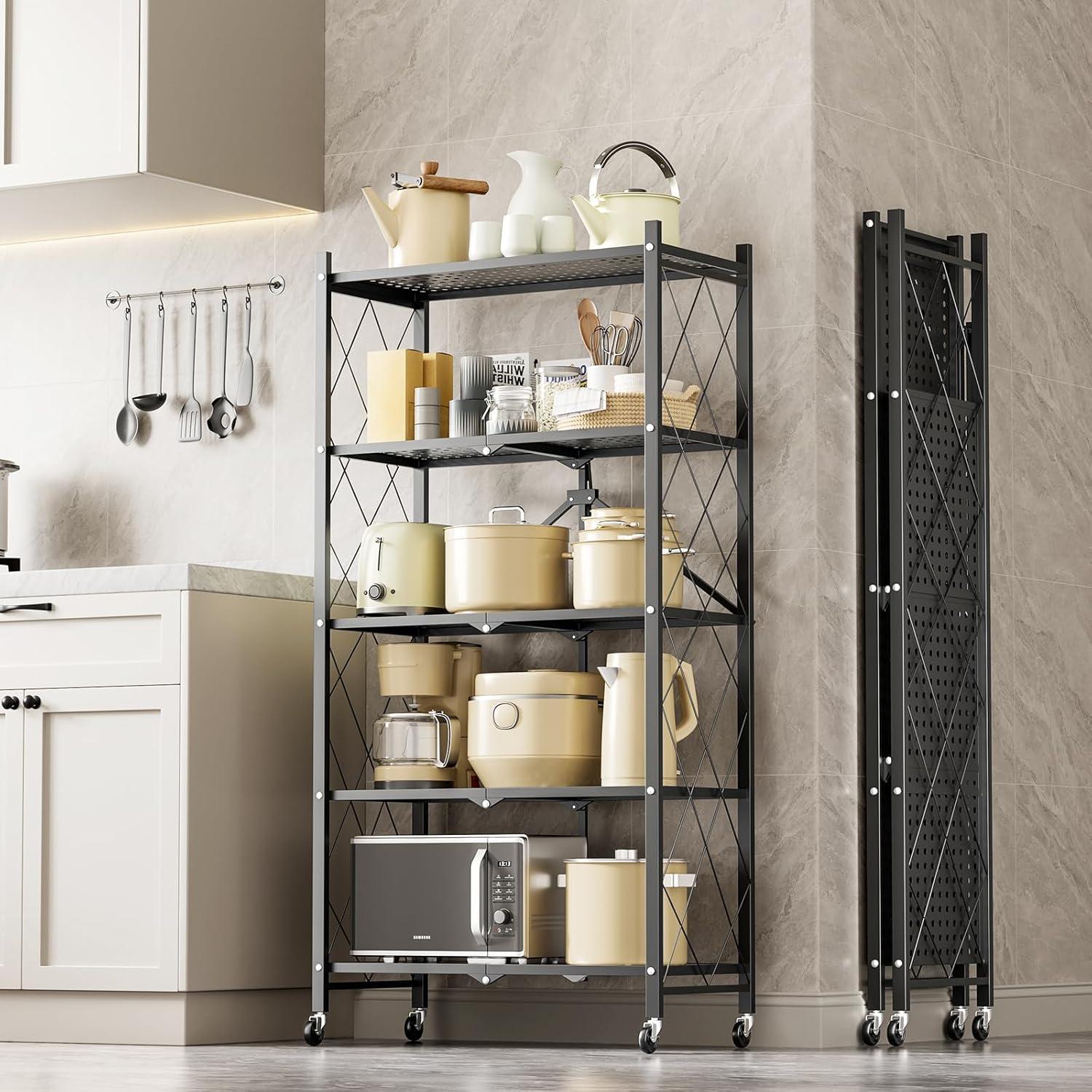 imageHealSmart Heavy Duty 5Shelf Storage Shelves 1750Lb Loading Capacity 3543quot W x 1772quot D x 7087quot H Adjustable Shelving Unit with Wheels Chrome5Shelf  Foldable