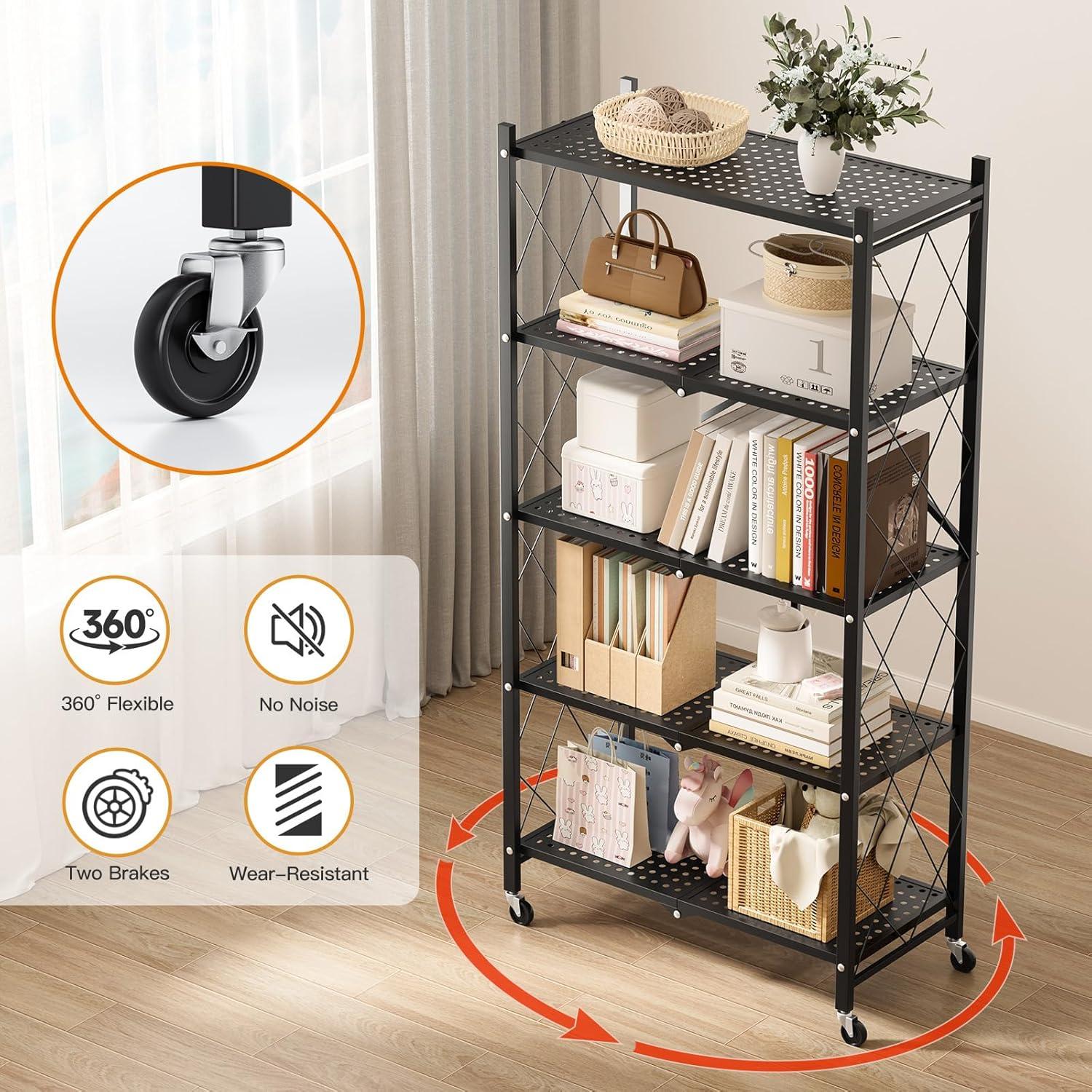 imageHealSmart Heavy Duty 5Shelf Storage Shelves 1750Lb Loading Capacity 3543quot W x 1772quot D x 7087quot H Adjustable Shelving Unit with Wheels Chrome5Shelf  Foldable