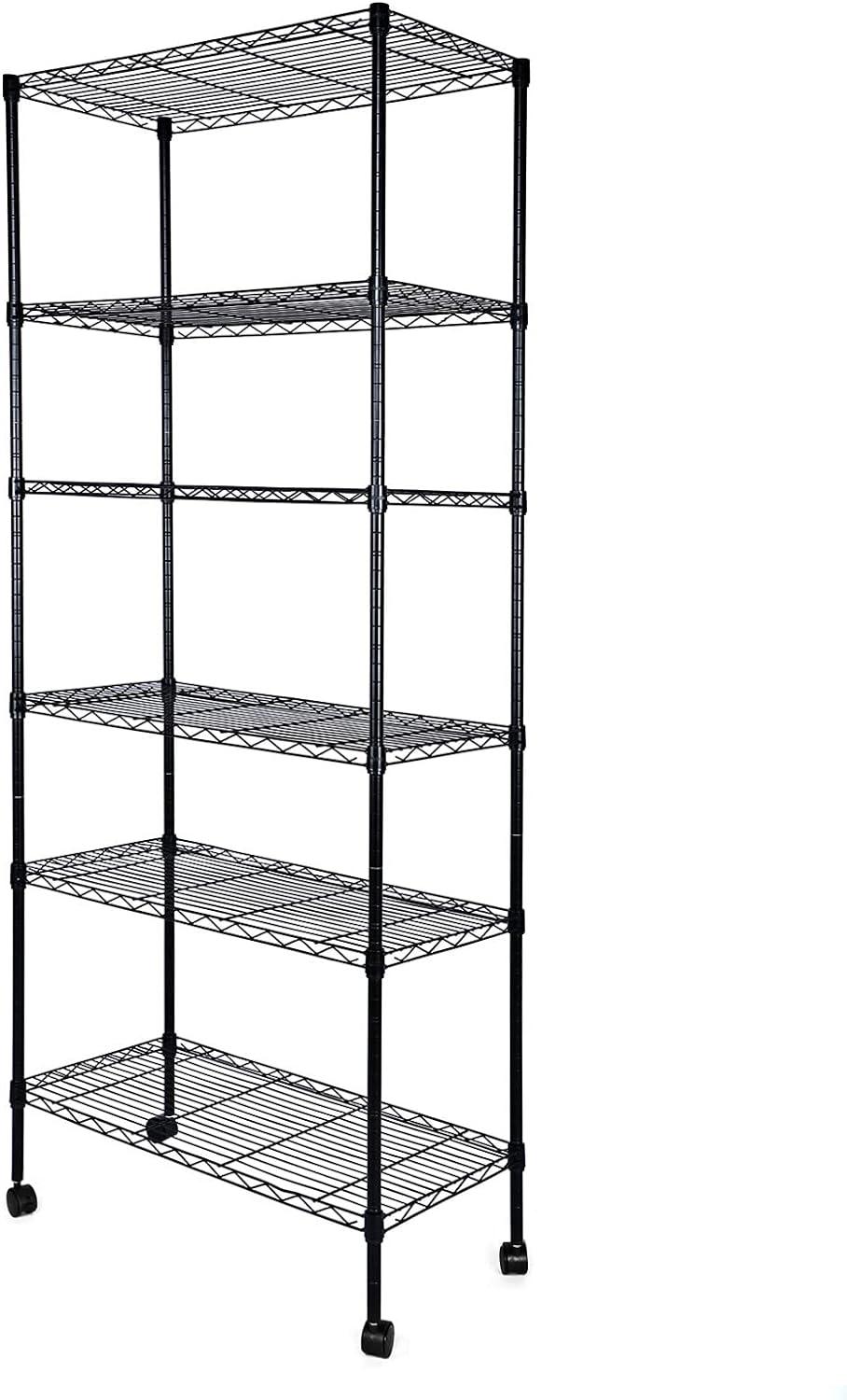 imageHealSmart Heavy Duty 6Tier Shelving Units Adjustable Wire Shelf with 1000 lbs Capacity 250 per Shelf 77cm D x 365cm W x 215cm H Black 6 Levels Storage Shelf with Wheels ampamp Leveling FeetWider