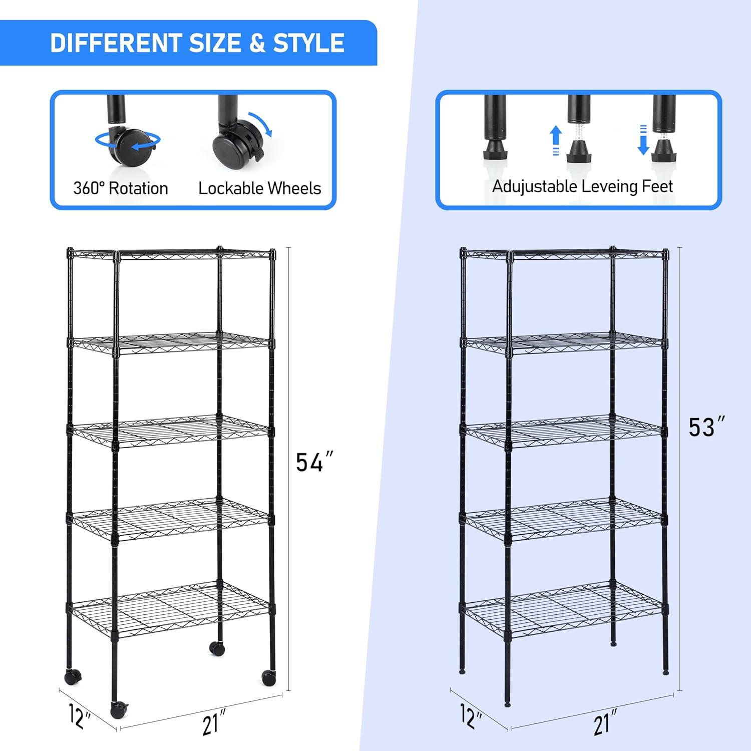 imageHealSmart Heavy Duty 6Tier Shelving Units Adjustable Wire Shelf with 1000 lbs Capacity 250 per Shelf 77cm D x 365cm W x 215cm H Black 6 Levels Storage Shelf with Wheels ampamp Leveling FeetBasic