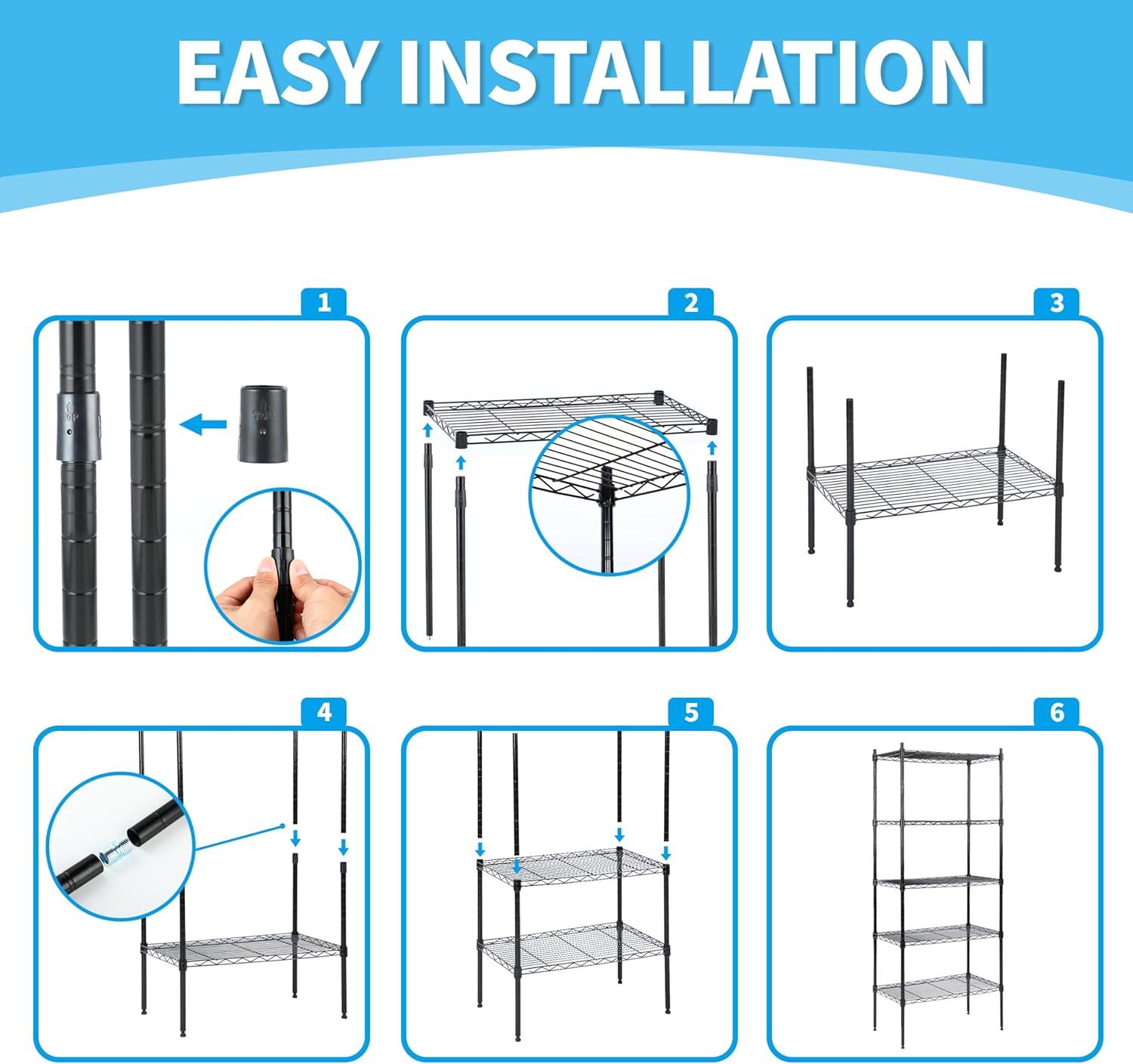 imageHealSmart Heavy Duty 6Tier Shelving Units Adjustable Wire Shelf with 1000 lbs Capacity 250 per Shelf 77cm D x 365cm W x 215cm H Black 6 Levels Storage Shelf with Wheels ampamp Leveling FeetWider