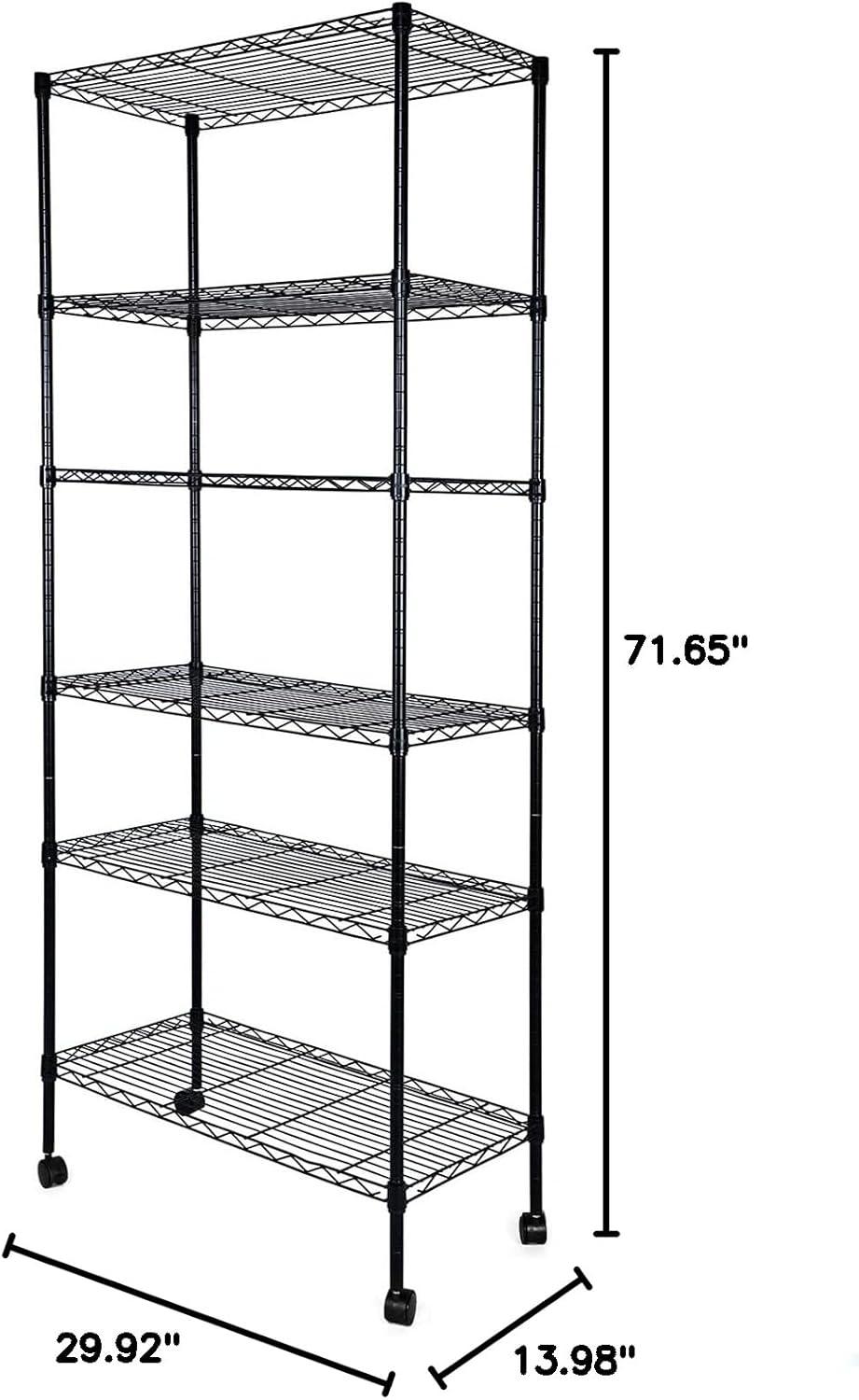 imageHealSmart Heavy Duty 6Tier Shelving Units Adjustable Wire Shelf with 1000 lbs Capacity 250 per Shelf 77cm D x 365cm W x 215cm H Black 6 Levels Storage Shelf with Wheels ampamp Leveling FeetWider