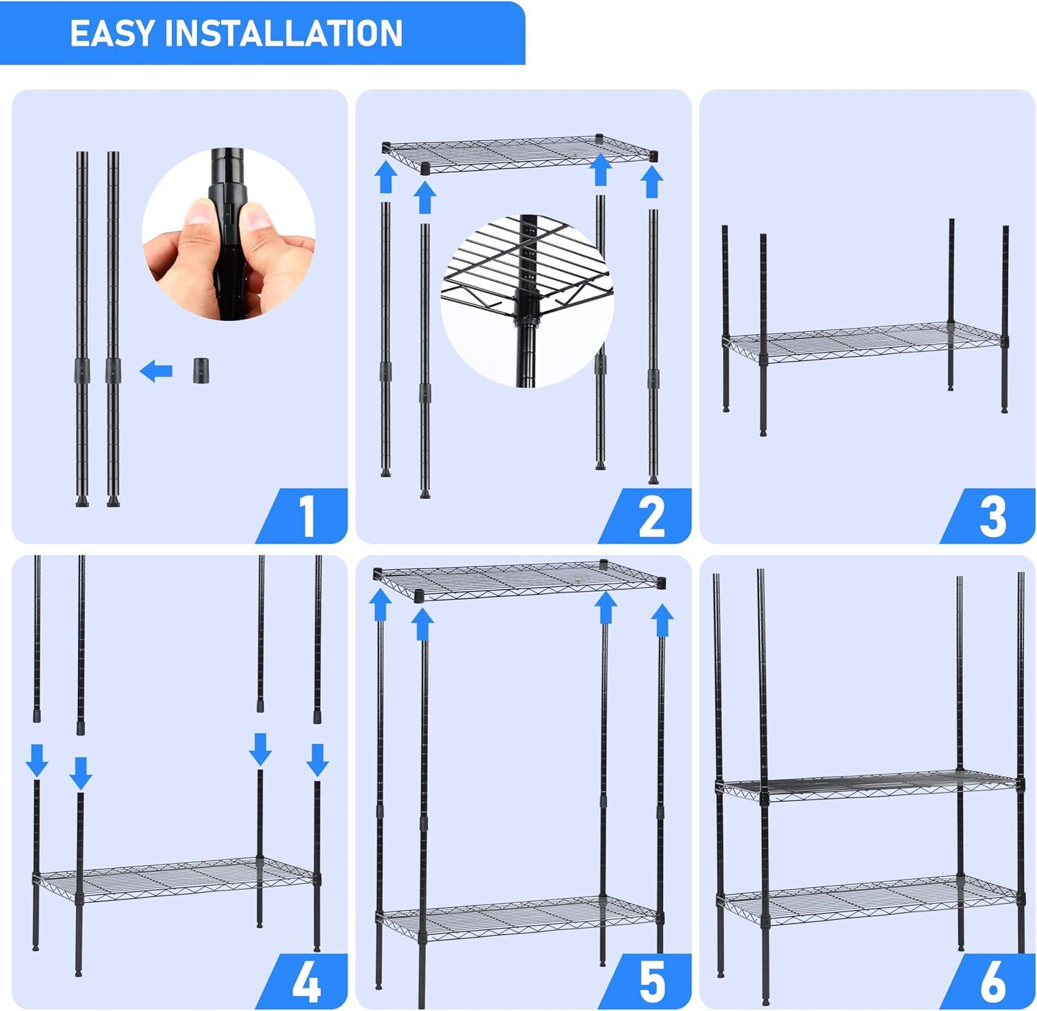 imageHealSmart Heavy Duty 6Tier Shelving Units Adjustable Wire Shelf with 1000 lbs Capacity 250 per Shelf 77cm D x 365cm W x 215cm H Black 6 Levels Storage Shelf with Wheels ampamp Leveling FeetBasic