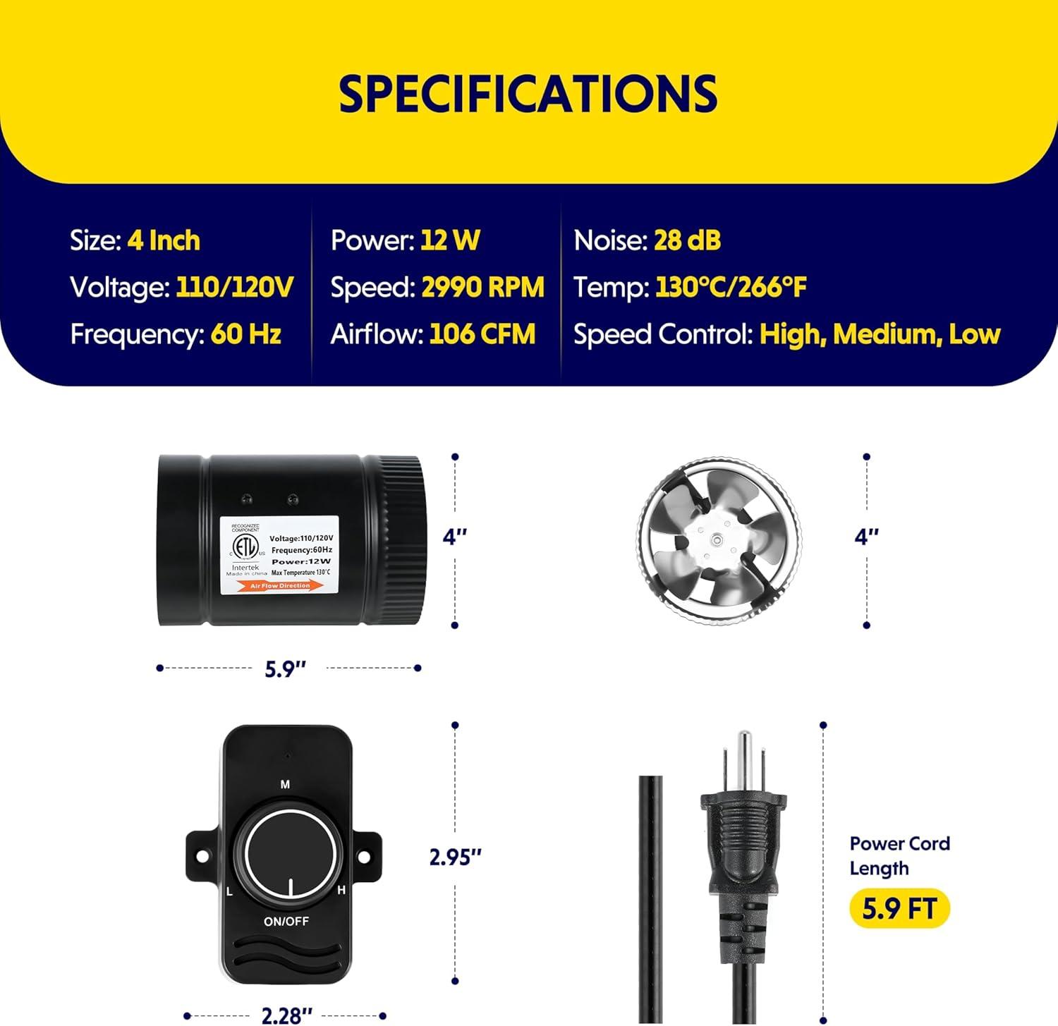imageHealSmart Inline Booster Duct Fan with Speed Controller 4 106 CFM Exhaust HVAC Ventilation Fan for Bathrooms Kitchens Workshops and Basements Black4