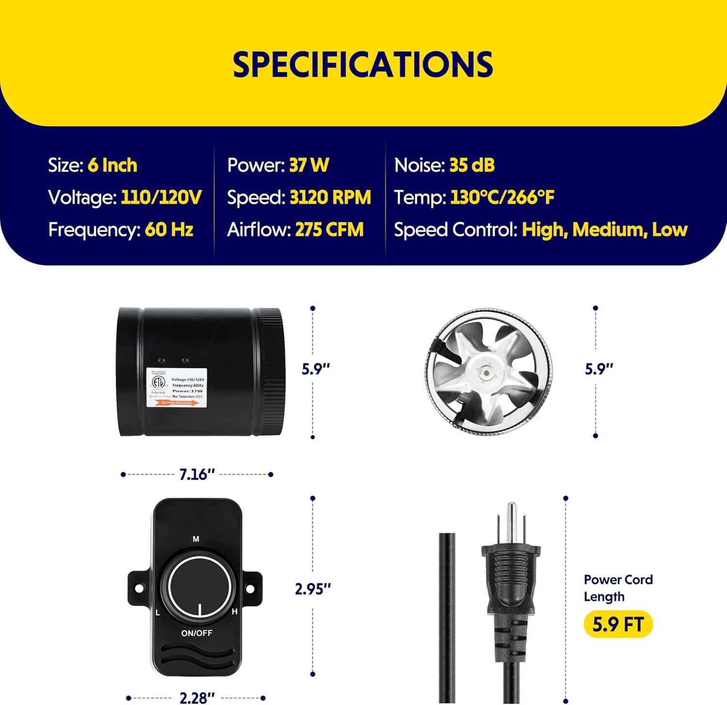 imageHealSmart Inline Booster Duct Fan with Speed Controller 4 106 CFM Exhaust HVAC Ventilation Fan for Bathrooms Kitchens Workshops and Basements Black6