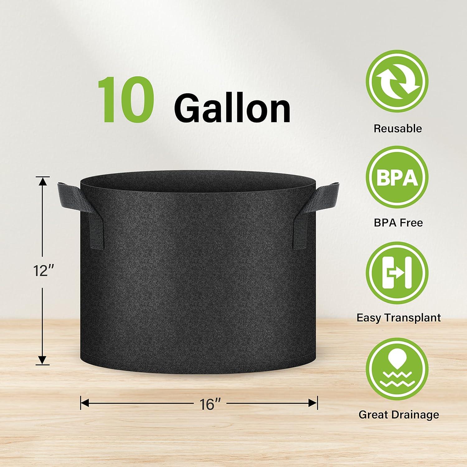 imageHealSmart Plant Grow Bags 10 Gallon Tomoato Planter Pots 10Pack with Handles Aeration Nonwoven Fabric Heavy Duty Gardening Planter for Vegetable Herbs and Flowers Black