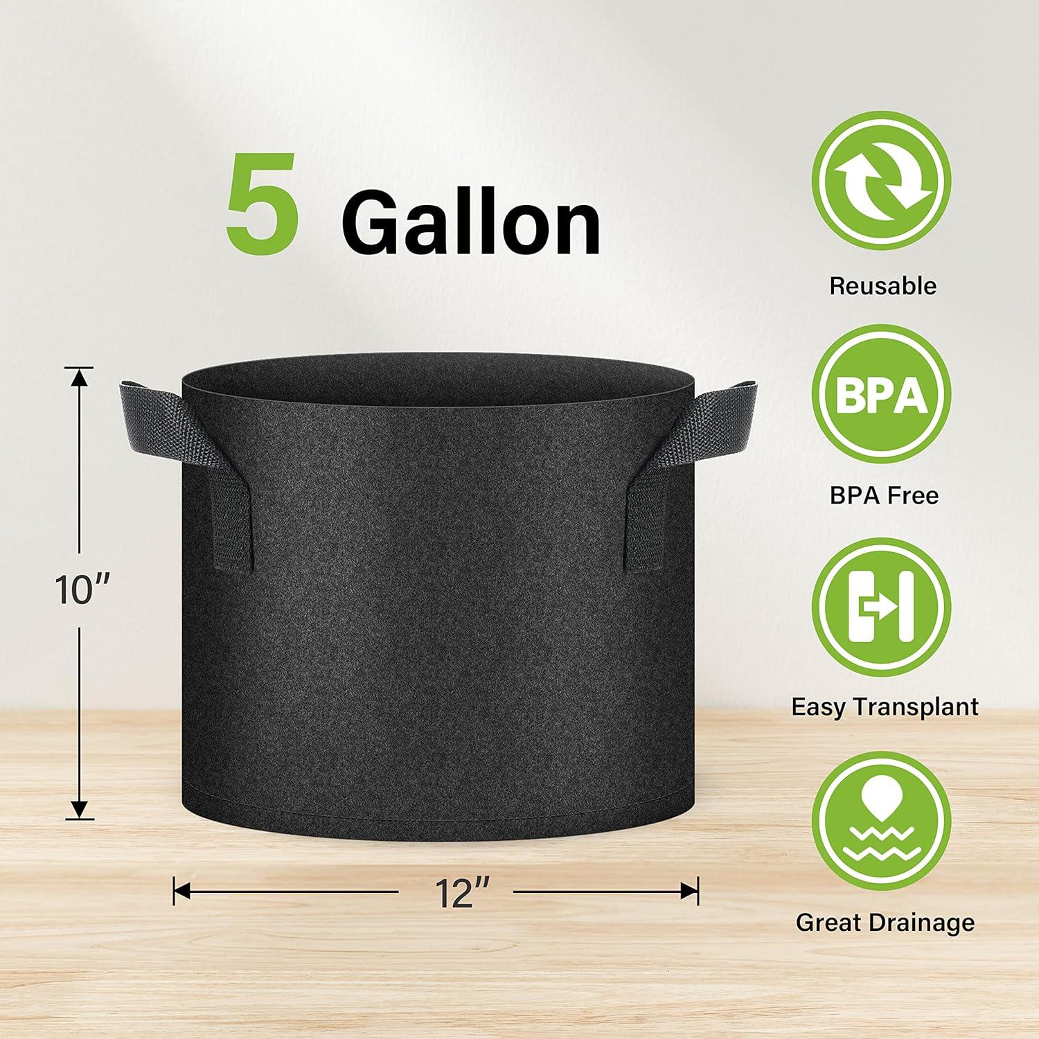 imageHealSmart Plant Grow Bags 5 Gallon Tomoato Planter Pots 5Pack with Handles Aeration Nonwoven Fabric Heavy Duty Gardening Planter for Vegetable Herbs and Flowers BlackBlack  5 Pack