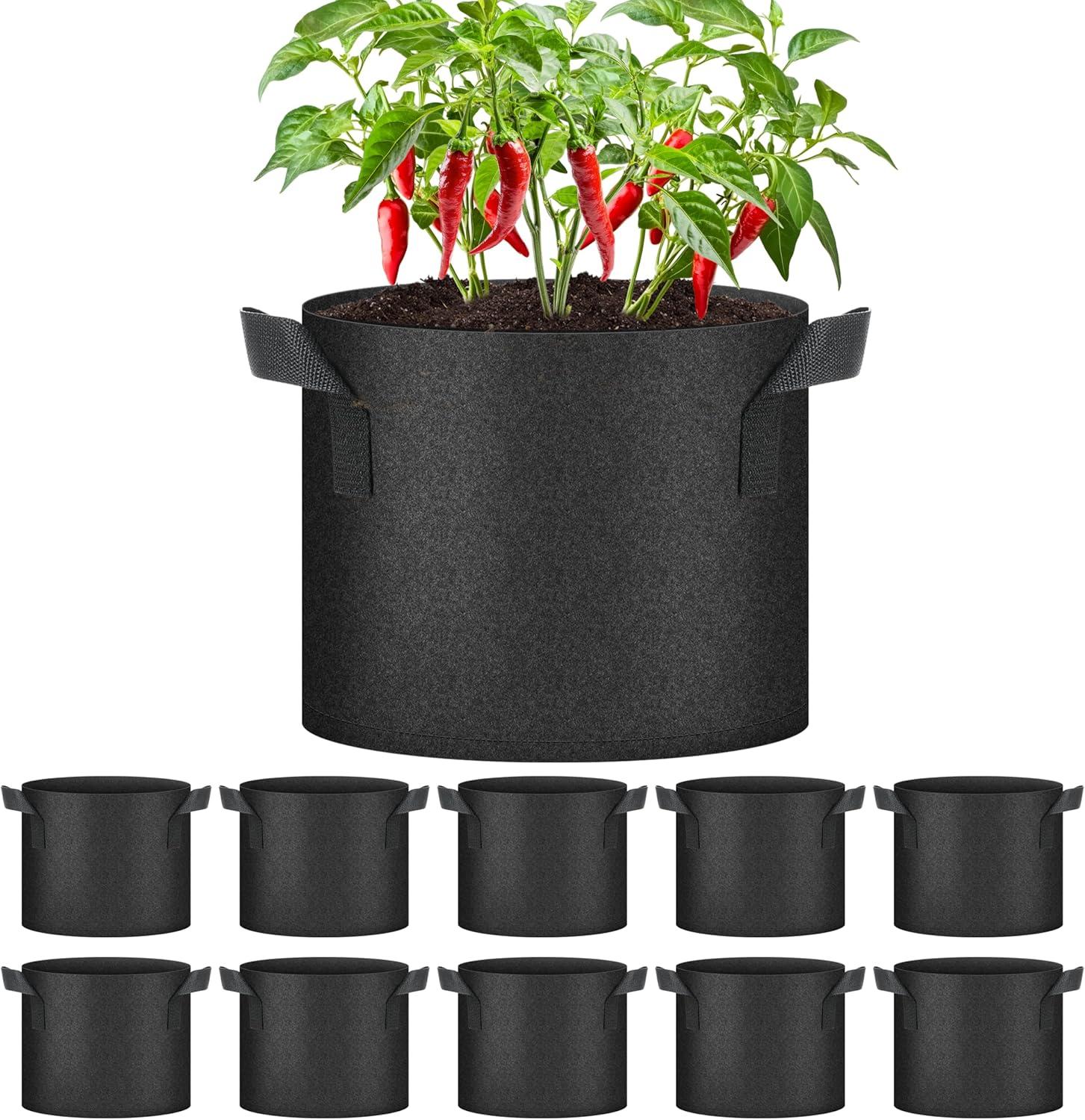 imageHealSmart Plant Grow Bags 5 Gallon Tomoato Planter Pots 5Pack with Handles Aeration Nonwoven Fabric Heavy Duty Gardening Planter for Vegetable Herbs and Flowers Black2025version Black  10 Pack