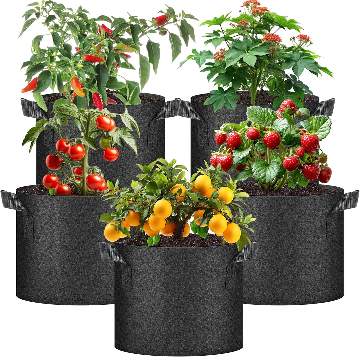 imageHealSmart Plant Grow Bags 5 Gallon Tomoato Planter Pots 5Pack with Handles Aeration Nonwoven Fabric Heavy Duty Gardening Planter for Vegetable Herbs and Flowers BlackBlack  5 Pack