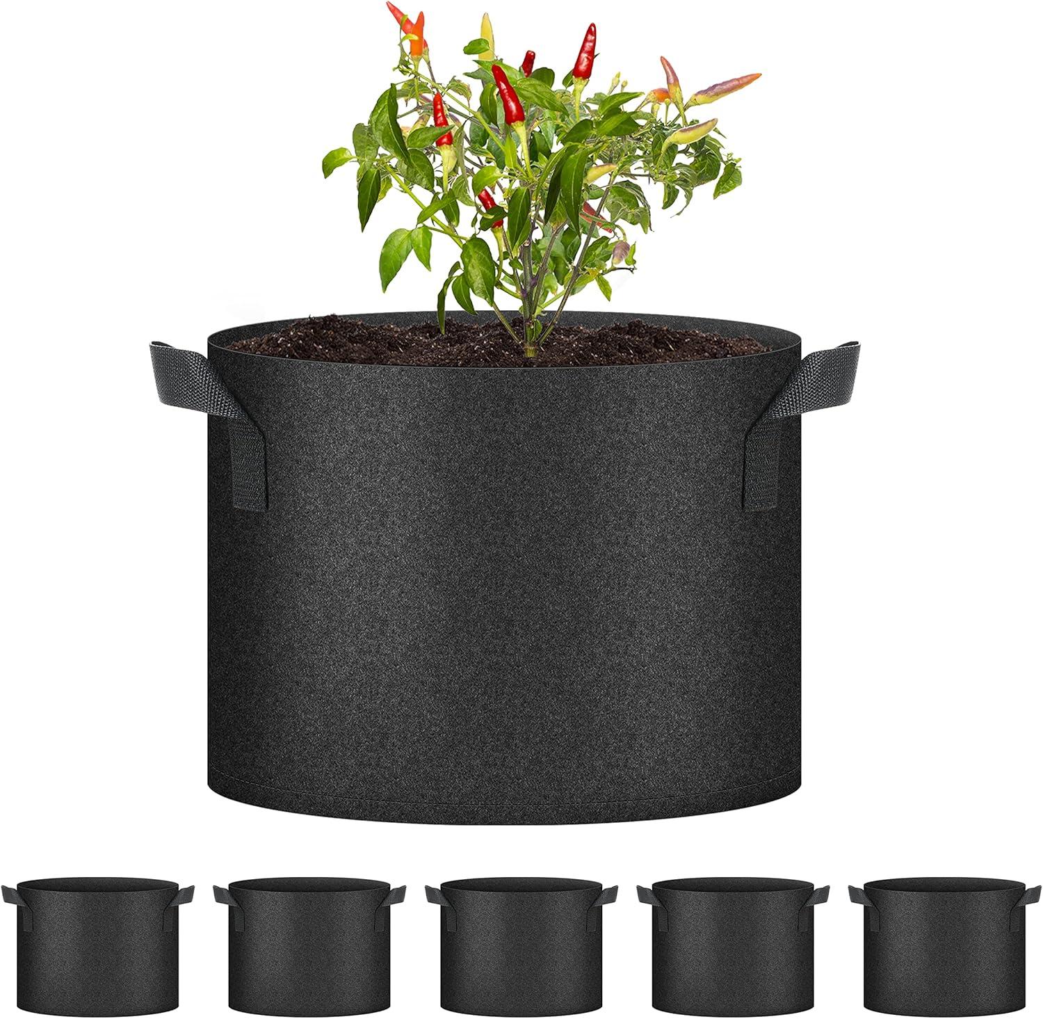 imageHealSmart Plant Grow Bags 5 Gallon Tomoato Planter Pots 5Pack with Handles Aeration Nonwoven Fabric Heavy Duty Gardening Planter for Vegetable Herbs and Flowers BlackBlack  5 Pack