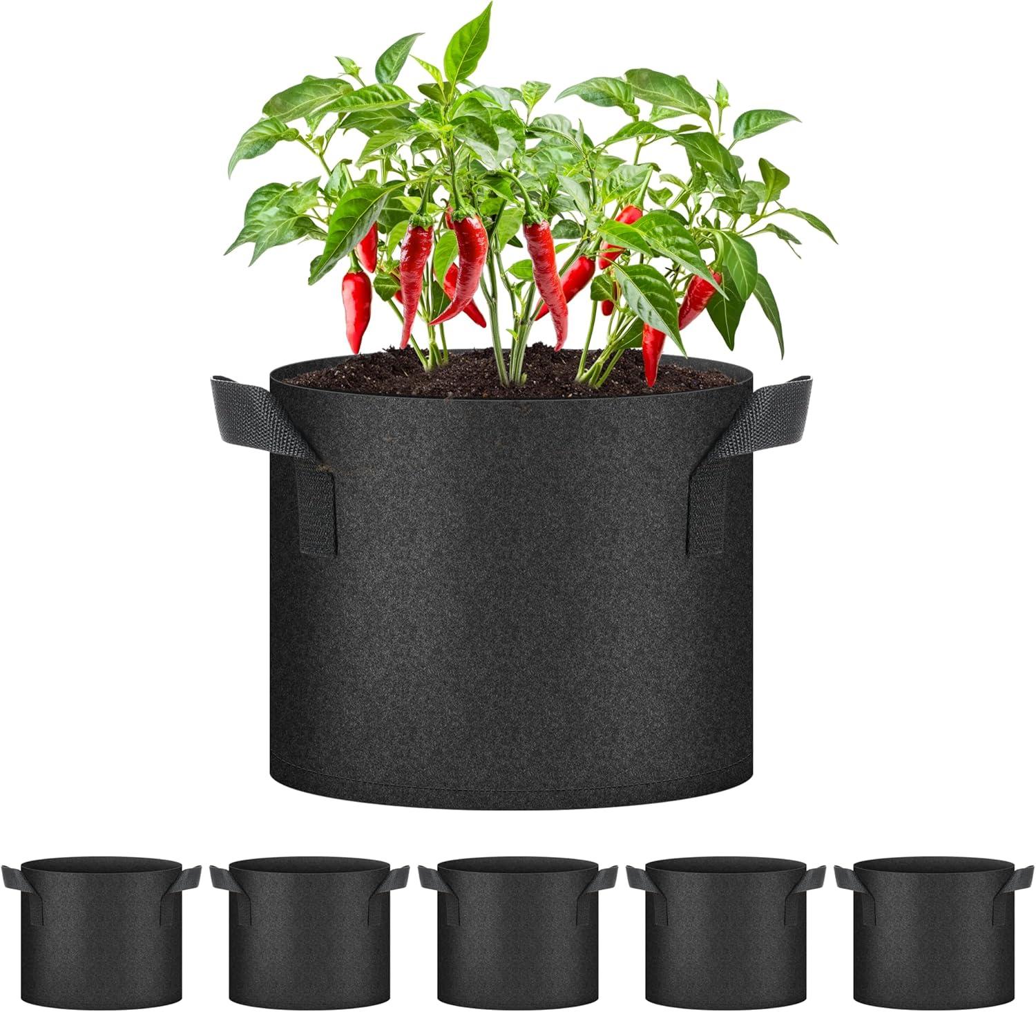 imageHealSmart Plant Grow Bags 5 Gallon Tomoato Planter Pots 5Pack with Handles Aeration Nonwoven Fabric Heavy Duty Gardening Planter for Vegetable Herbs and Flowers Black2025version Black  5 Pack
