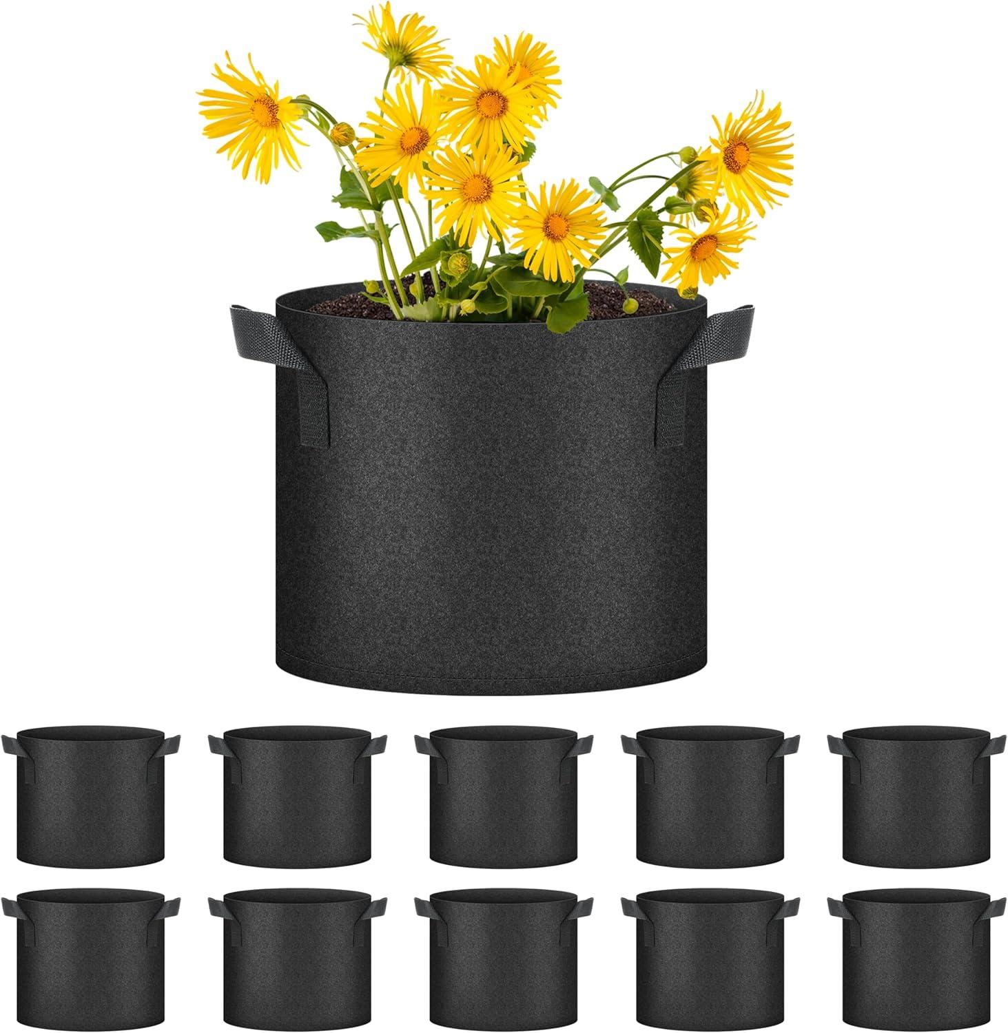 imageHealSmart Plant Grow Bags 5 Gallon Tomoato Planter Pots 5Pack with Handles Aeration Nonwoven Fabric Heavy Duty Gardening Planter for Vegetable Herbs and Flowers Black2025version Black  10 Pack