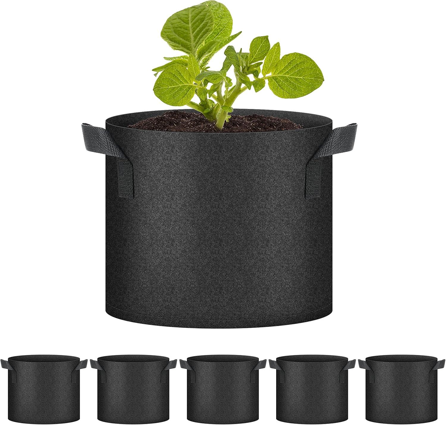 imageHealSmart Plant Grow Bags 5 Gallon Tomoato Planter Pots 5Pack with Handles Aeration Nonwoven Fabric Heavy Duty Gardening Planter for Vegetable Herbs and Flowers BlackBlack  5 Pack