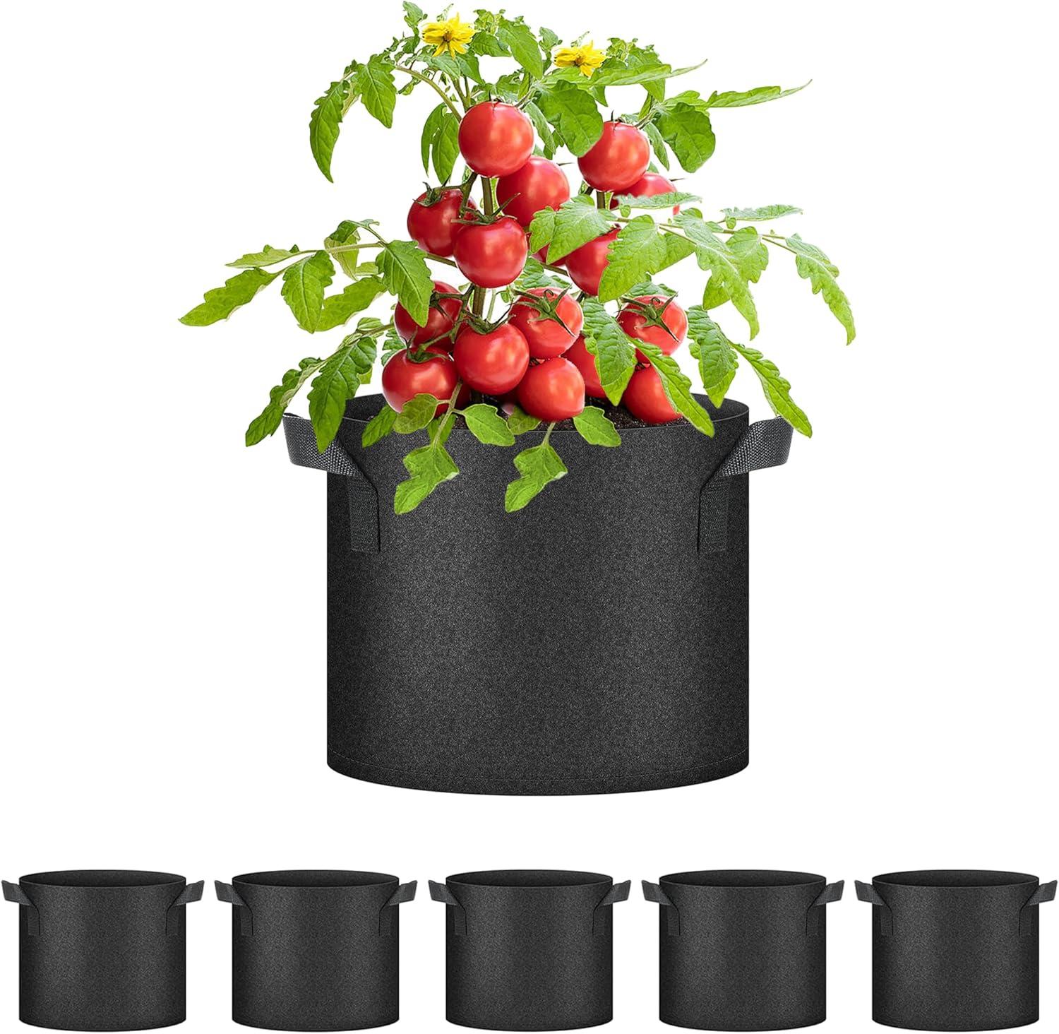 imageHealSmart Plant Grow Bags 5 Gallon Tomoato Planter Pots 5Pack with Handles Aeration Nonwoven Fabric Heavy Duty Gardening Planter for Vegetable Herbs and Flowers BlackBlack  5 Pack