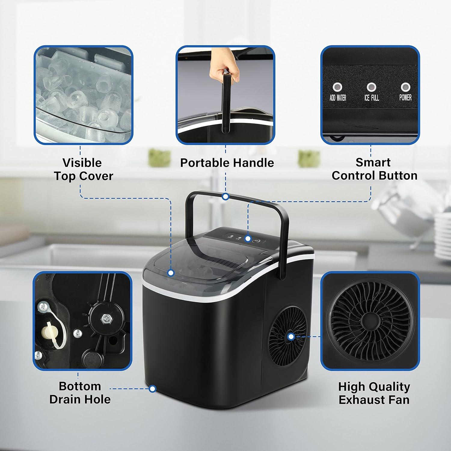 imageHealSmart Portable Ice Maker for Countertop 6 Mins 9 Ice Cubes 26lbs Ice24H SelfCleaning with Ice Spoon and Basket for HomeKitchenOfficeCampingParty Black