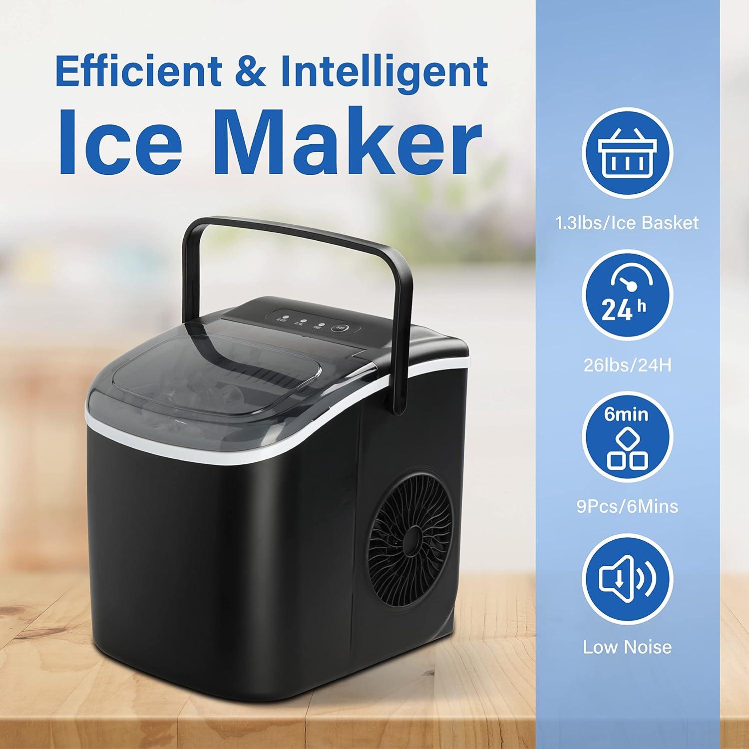 imageHealSmart Portable Ice Maker for Countertop 6 Mins 9 Ice Cubes 26lbs Ice24H SelfCleaning with Ice Spoon and Basket for HomeKitchenOfficeCampingParty Black