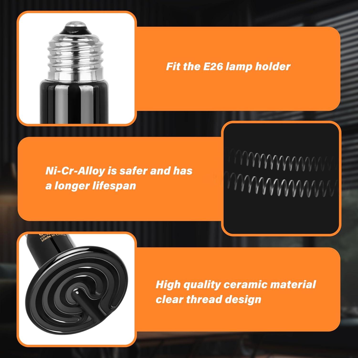 imageHealSmart Reptile Heat Lamp 150W 2Pack Ceramic Heat Emitter No Light Emitting Heat Bulbs for Amphibian Pet Brooder Coop Incubating Chicken Lizard Bearded Dragon Turtle Snake TerrariumD75mm 295