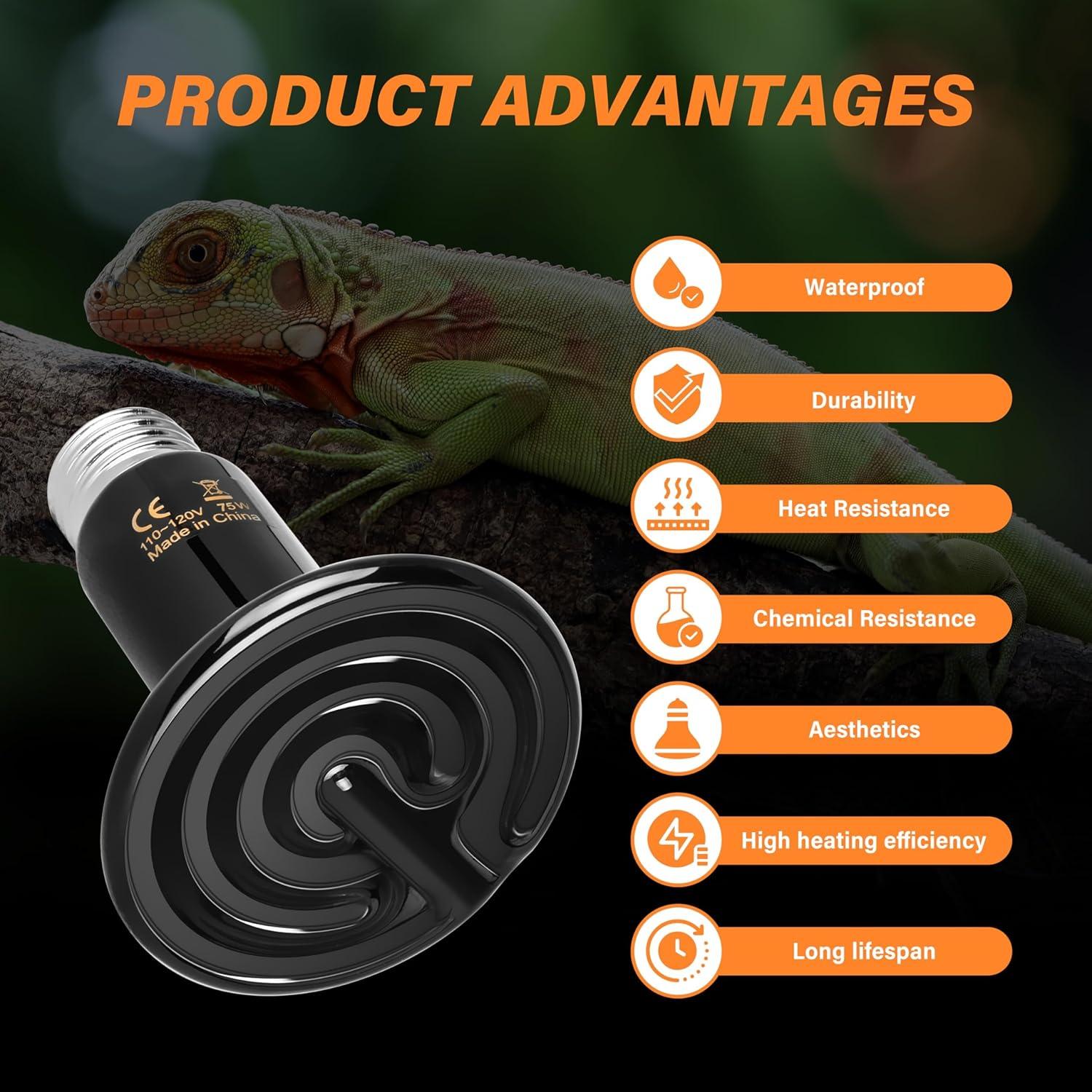 imageHealSmart Reptile Heat Lamp 150W 2Pack Ceramic Heat Emitter No Light Emitting Heat Bulbs for Amphibian Pet Brooder Coop Incubating Chicken Lizard Bearded Dragon Turtle Snake TerrariumD75mm 295