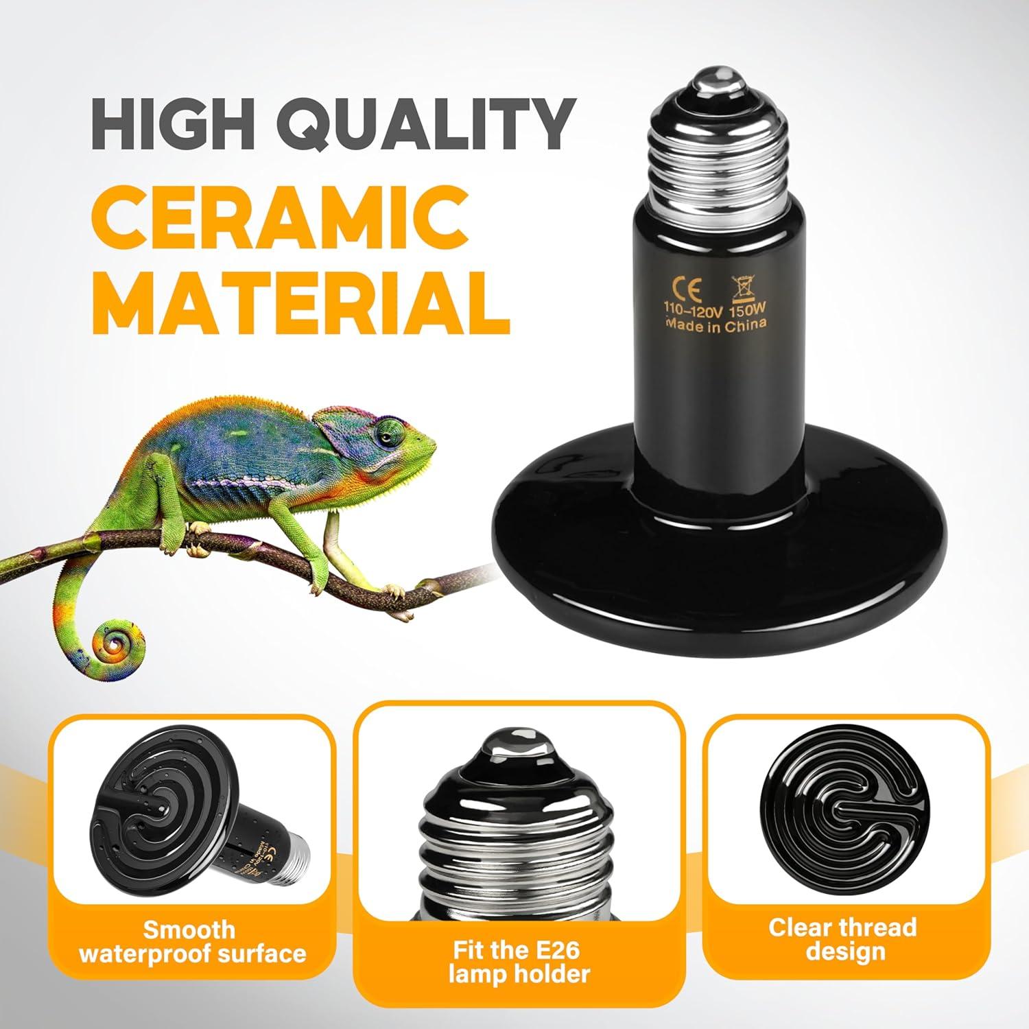 imageHealSmart Reptile Heat Lamp 150W Ceramic Heat Emitter No Light Emitting Heat Bulbs for Amphibian Pet Brooder Coop Incubating Chicken Lizard Bearded Dragon Turtle Snake Terrarium 4Pack150W