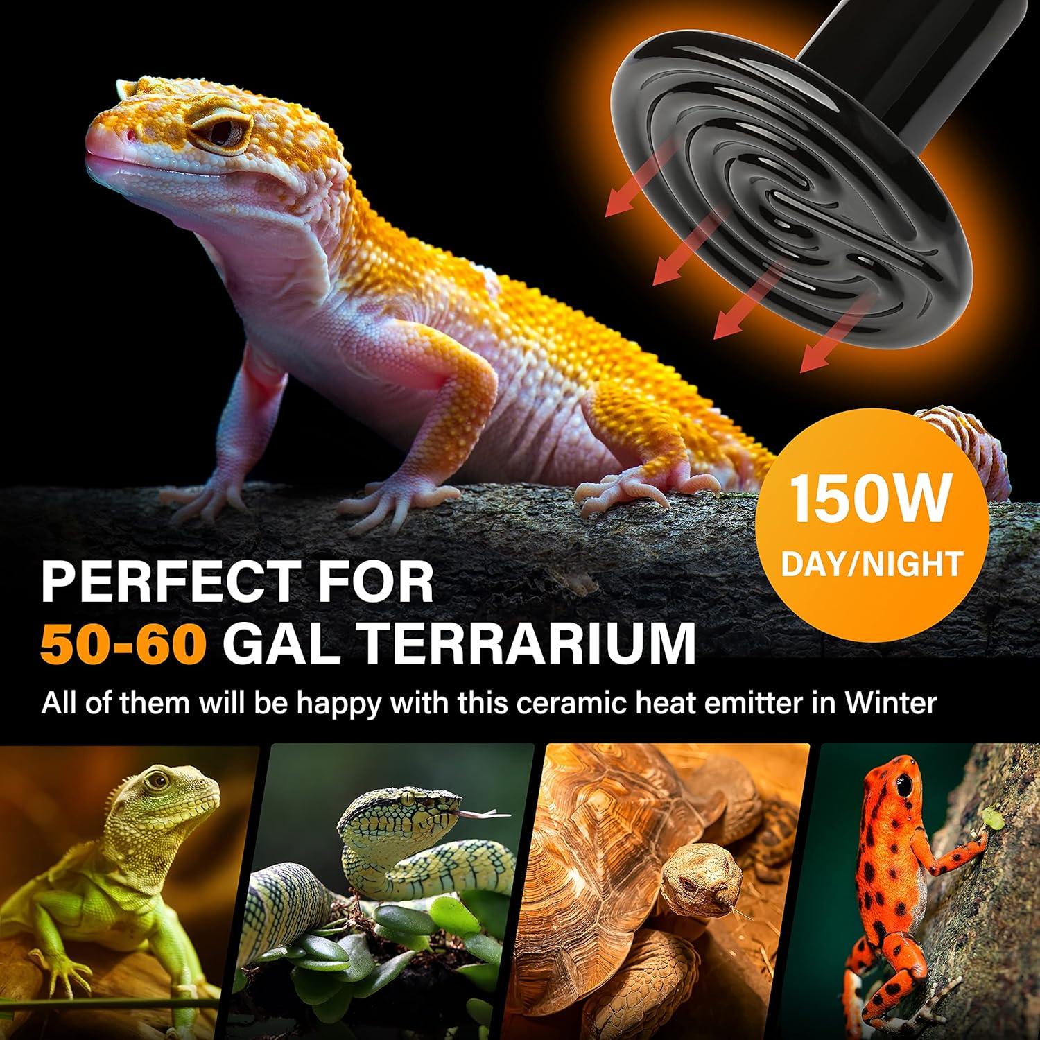 imageHealSmart Reptile Heat Lamp 150W Ceramic Heat Emitter No Light Emitting Heat Bulbs for Amphibian Pet Brooder Coop Incubating Chicken Lizard Bearded Dragon Turtle Snake Terrarium 4Pack150W