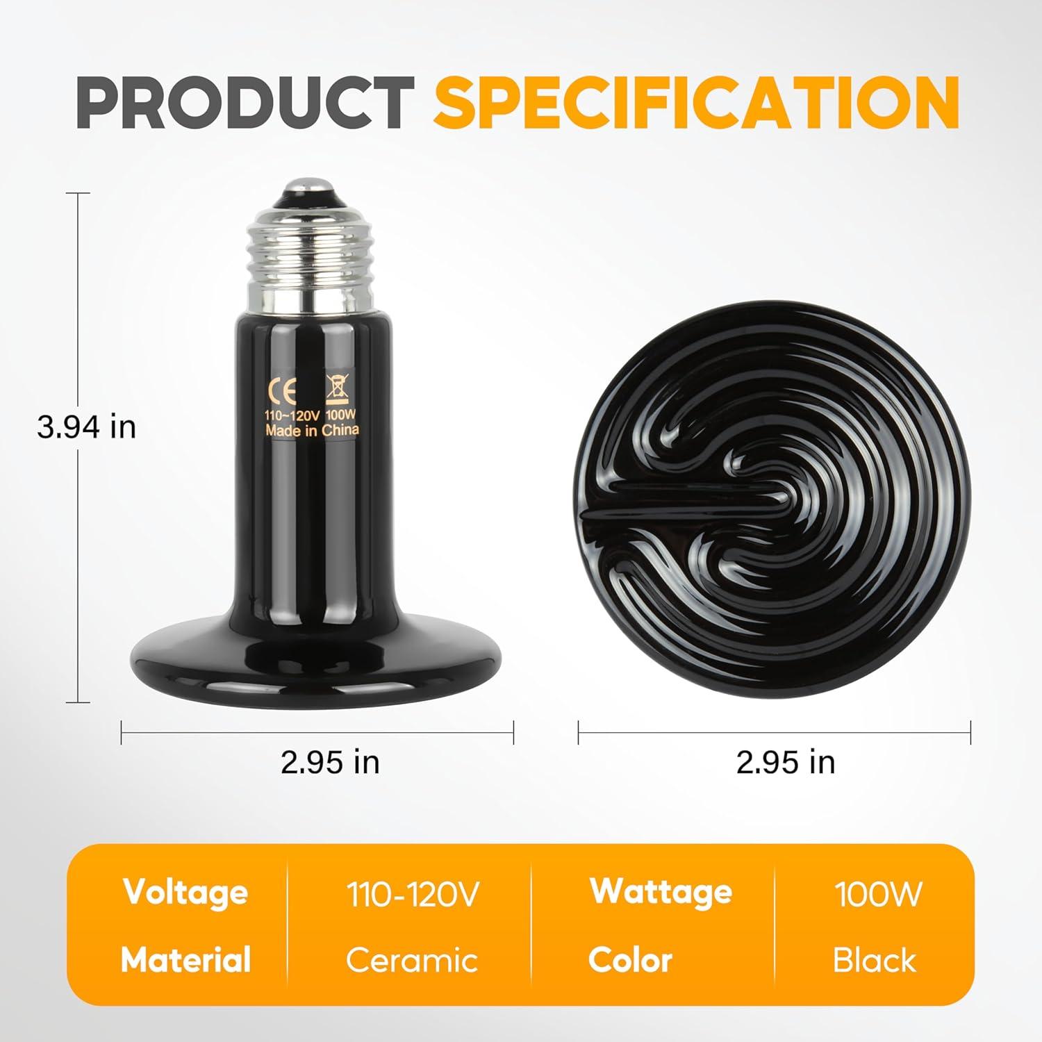 imageHealSmart Reptile Heat Lamp Bulb Ceramic Heat Emitter 100W No Light Emitting Brooder Coop Heater for Amphibian Pet ampamp Incubating Chicken Black100 Watts