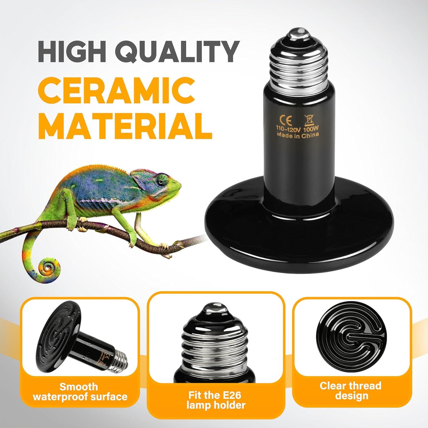 imageHealSmart Reptile Heat Lamp Bulb Ceramic Heat Emitter 100W No Light Emitting Brooder Coop Heater for Amphibian Pet ampamp Incubating Chicken Black100 Watts