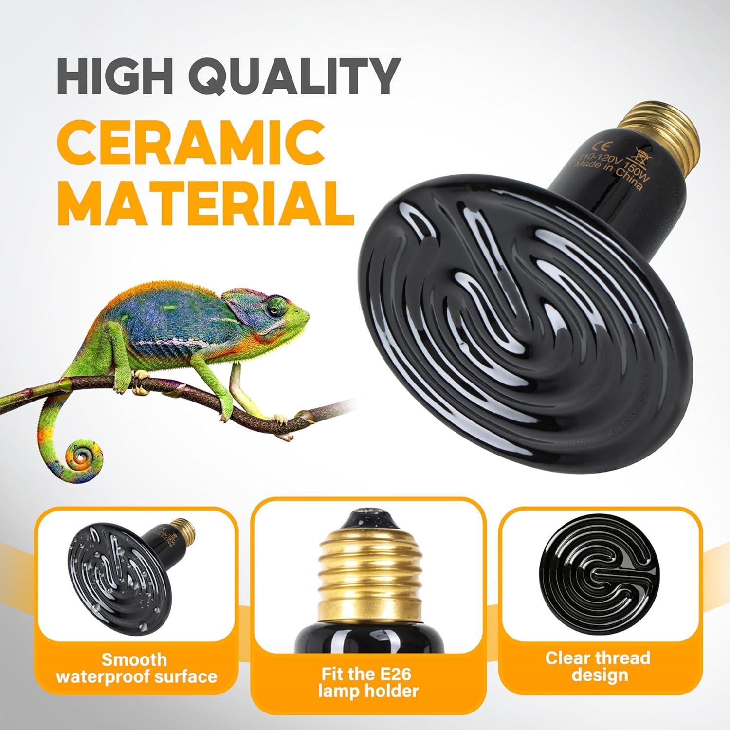 imageHealSmart Reptile Heat Lamp Bulb Ceramic Heat Emitter 100W No Light Emitting Brooder Coop Heater for Amphibian Pet ampamp Incubating Chicken Black150 Watts