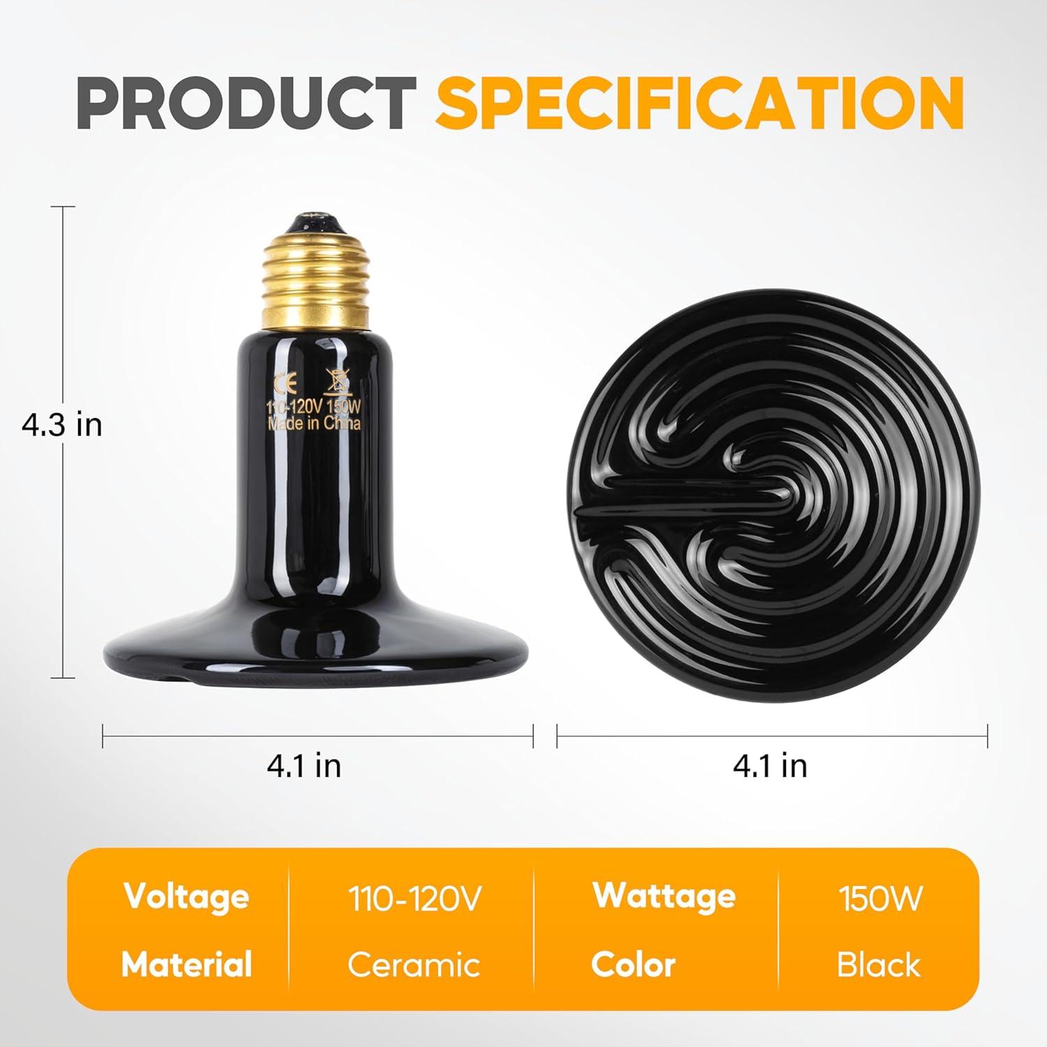 imageHealSmart Reptile Heat Lamp Bulb Ceramic Heat Emitter 100W No Light Emitting Brooder Coop Heater for Amphibian Pet ampamp Incubating Chicken Black150 Watts