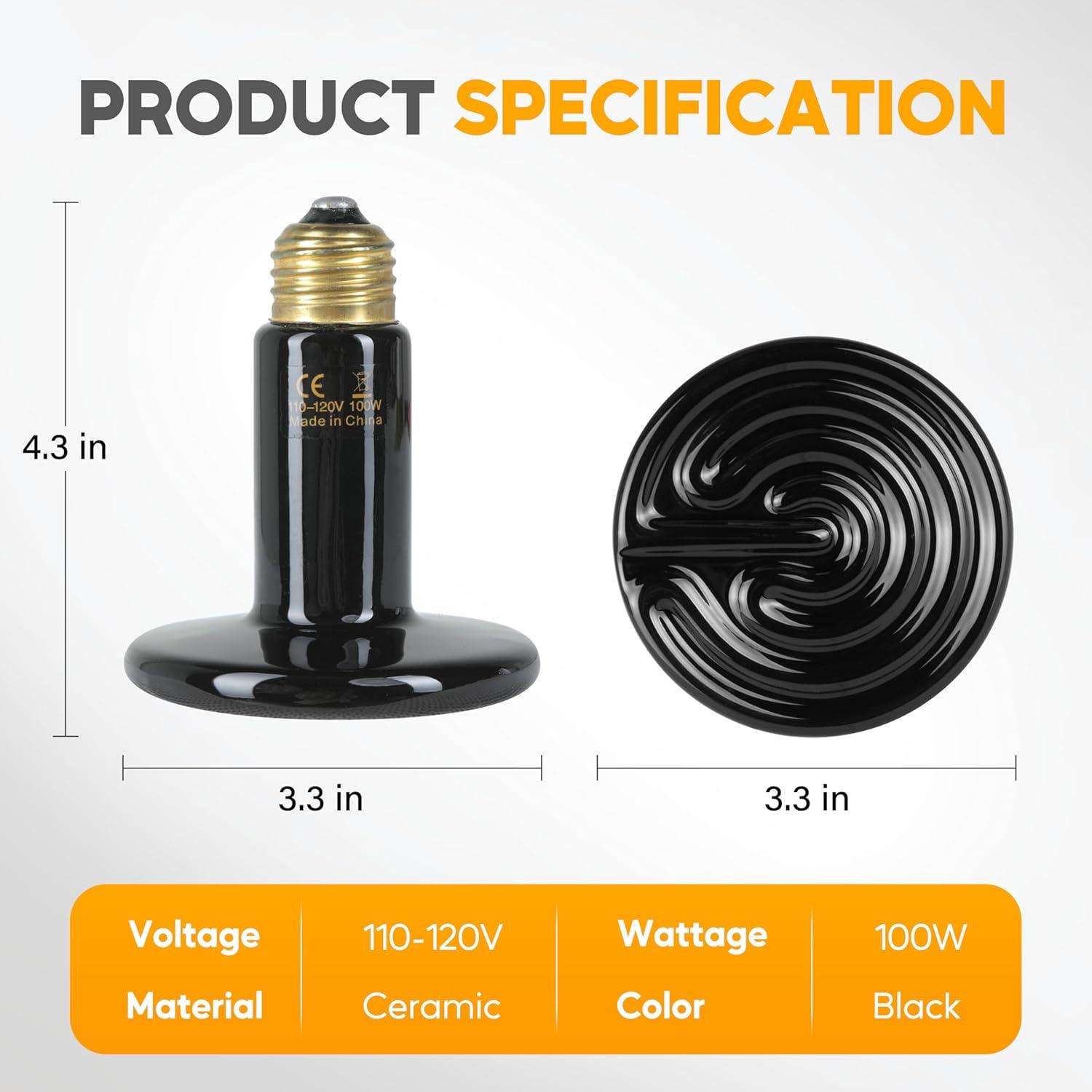 imageHealSmart Reptile Heat Lamp Bulb Ceramic Heat Emitter 100W No Light Emitting Brooder Coop Heater for Amphibian Pet ampamp Incubating Chicken Black2 Pcs Black