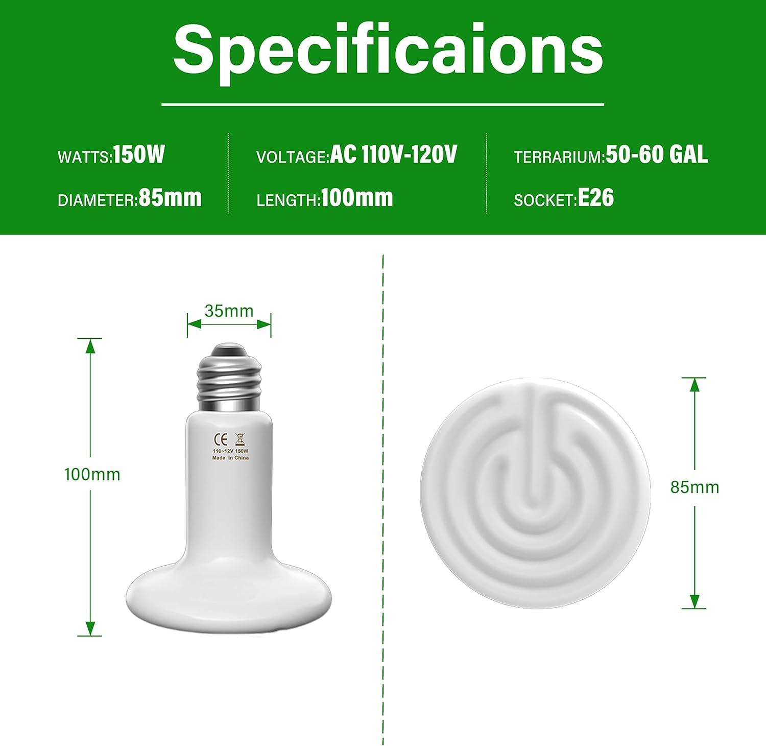 imageHealSmart Reptile Heat Lamp Bulb Ceramic Heat Emitter 100W No Light Emitting Brooder Coop Heater for Amphibian Pet ampamp Incubating Chicken Black2 Pcs White